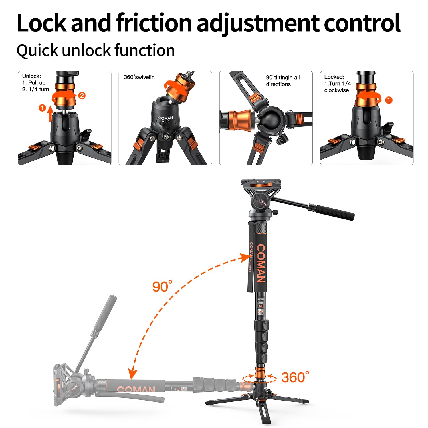 Famall Monopod With Feet, Coman Professional Video Camera Monopod Q6 With Tripod Stand 70.6 Inch Max Load 22 Lbs For Cameras, Canon, Nikon, Sony, Dslr, Video Camcorder