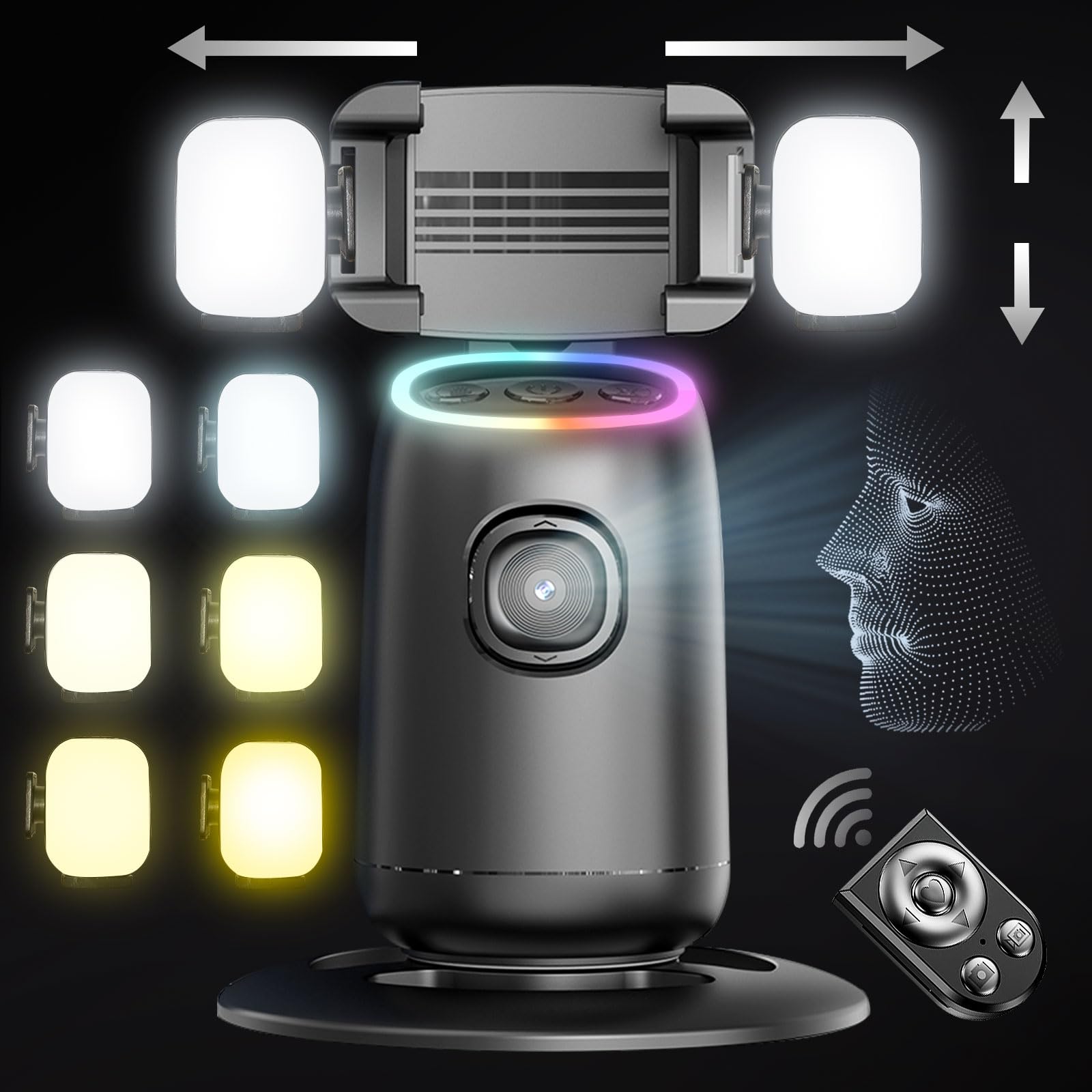 Hefrseyo Auto Face Tracking Tripod,360°Rotation Tracking Phone Stand,Phone Camera Stand With Remote,Colorful Light And Gesture Control,Rechargeable Smart Shooting Stand For Live Video Recording,Facetime,No App