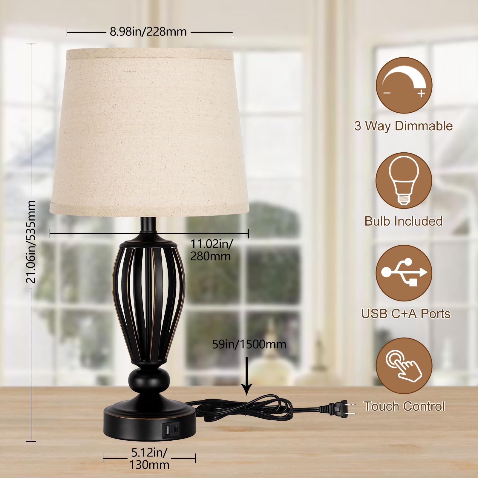 Seaside Village Usb Bedside Lamp, 3-Way Dimmable Touch Table Lamp With Usb C+A Charging Ports Industrial Table Lamp Black Metal Base Farmhouse Reading Lamp For Bedroom, Living Room, Office Or Study Led Bulb Included