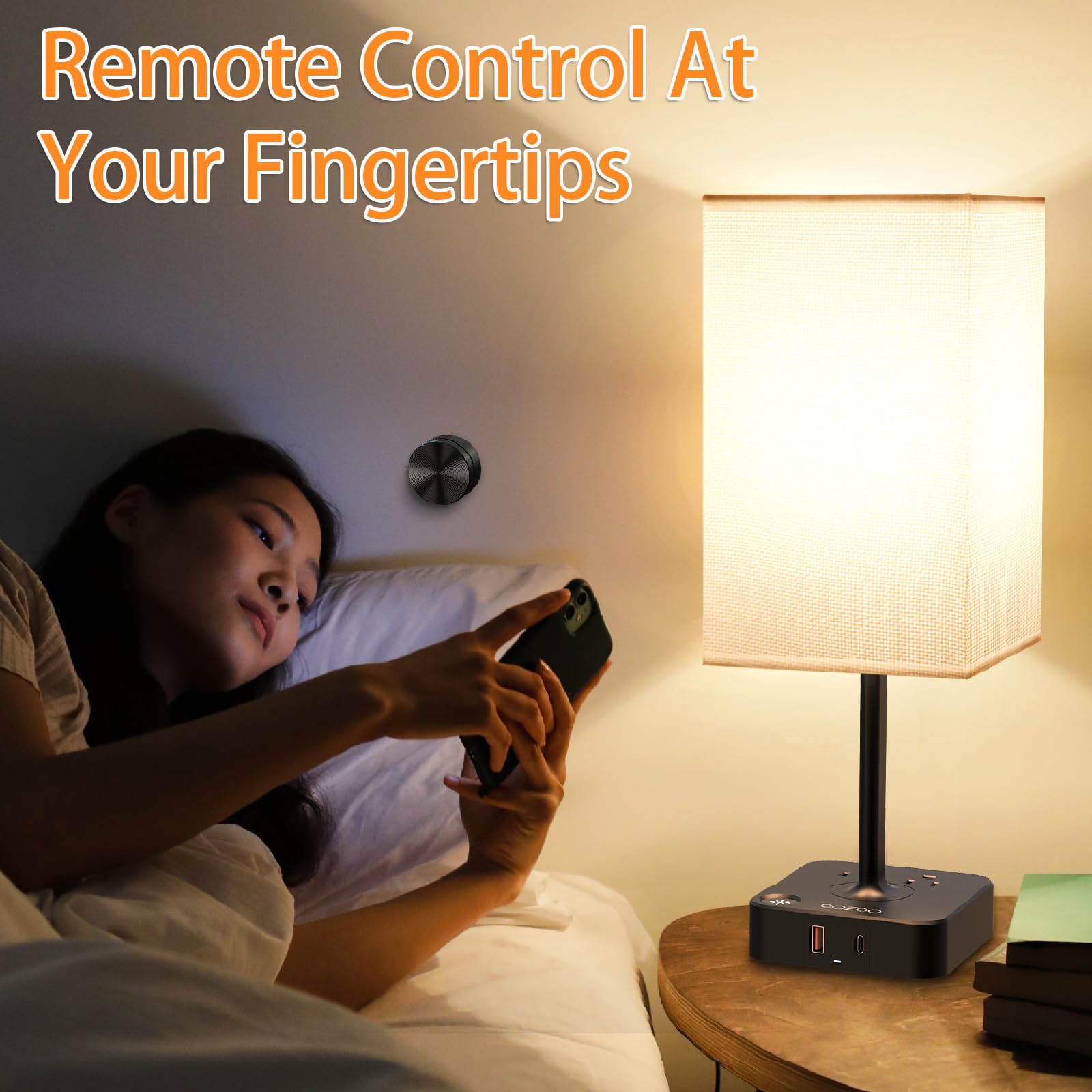 Cozoo Bedroom Table Lamp With Remote Operation Control,Dimmable Bedside Table Desk Lamp With Usb C+A Charging Ports 2 Ac Outlets,Nightstand Lamp White Shade Lamp For Living Room,Dorm,Home Office,Decor