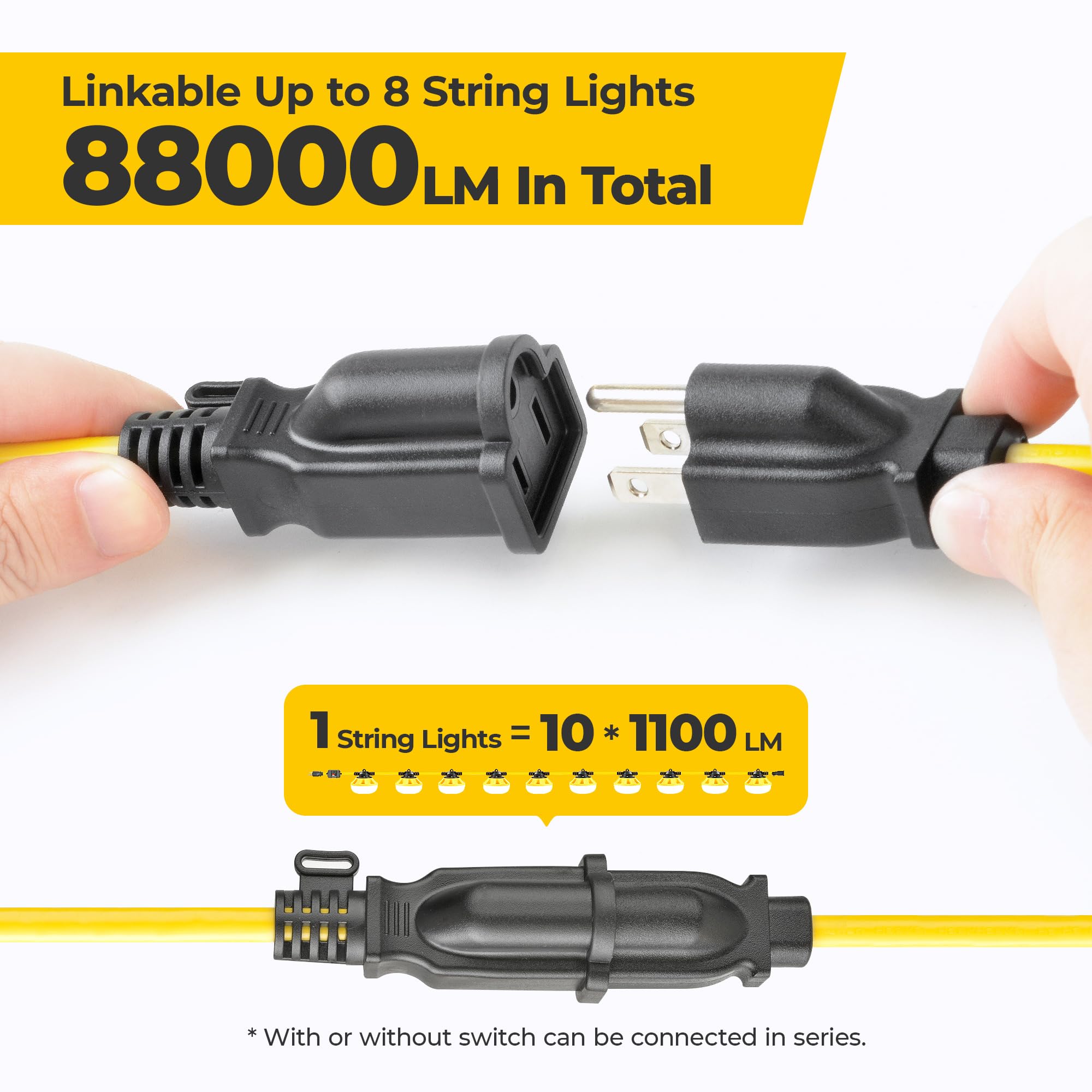 Hyanglux 3 Prong Mechanical Switch Outdoor Led String Lights: 100Ft 100W 11000Lm Etl  Bright Temporary Lighting Hanging Ip65 Waterproof Construction Work Light For Attic Jobsite Garage