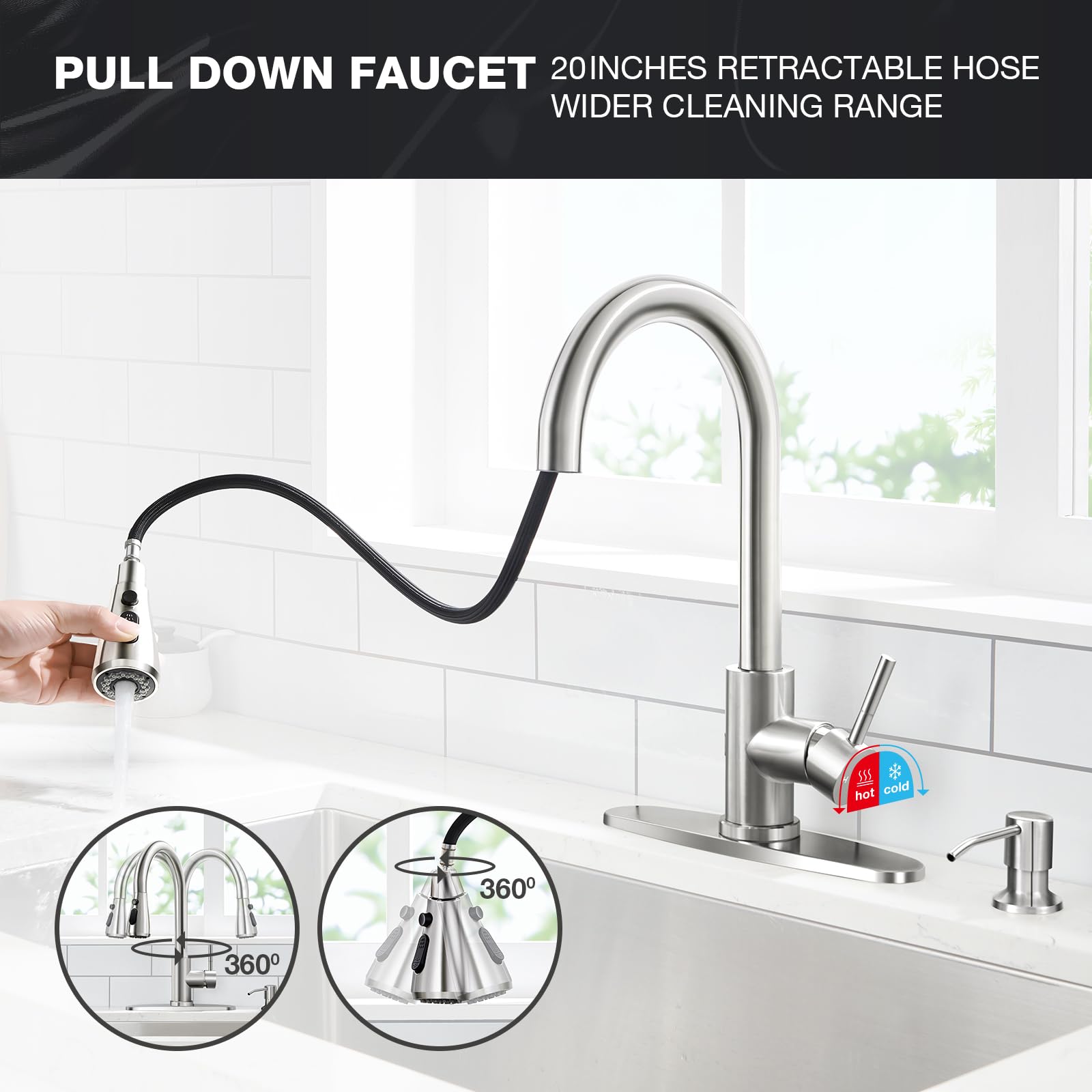 Iozuyio Kitchen Sink Faucet With Soap Dispenser, Brushed Nickel Kitchen Faucet With Pull Down Sprayer 3 Modes, High Arc Stainless Steel Single Handle Kitchen Faucets For Bar Laundry Rv Utility Sink