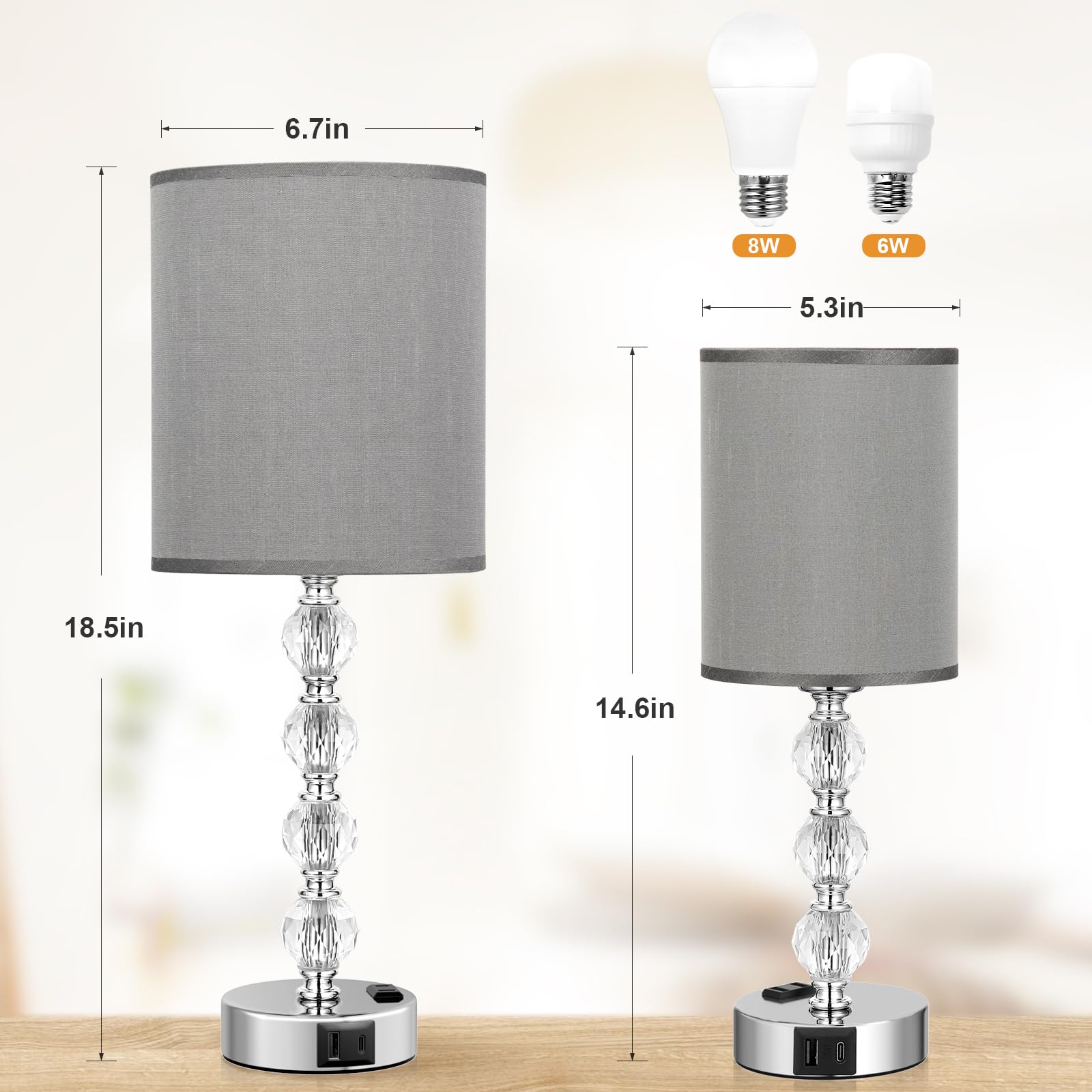 Acaxin Touch Bedside Crystal Lamps For Bedrooms Nightstand With Usb C+A Charging Port And Ac Outlet White, 3 Way Dimmable Silver Large End Side Table Lamp For Living/Dinning Room/Kitchen/Bedroom