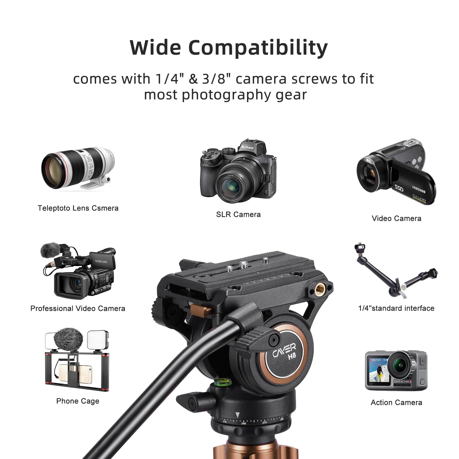 Cayer Fp2450 Fluid Head Tripod, 75 Inches Aluminium Video Tripod, 4-Section Compact Camera Tripod Monopod With Fluid Head For Dslr Camera, Camcorder, Load Capacity Up To 13.2 Pounds