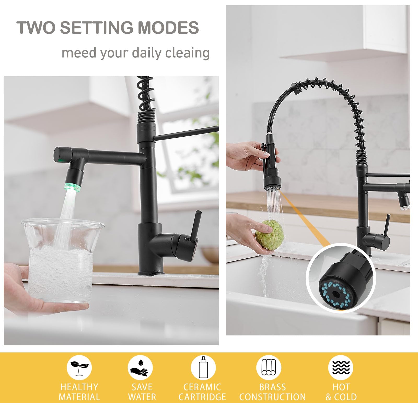 Besy 20 Inch Black Kitchen Faucet With Pull Down Sprayer, Dual Morden Commercial Rv Single Handle Single Hole Double Spout Led Spring Kitchen Sink Faucet With Pot Filler, Matte Black, Brass