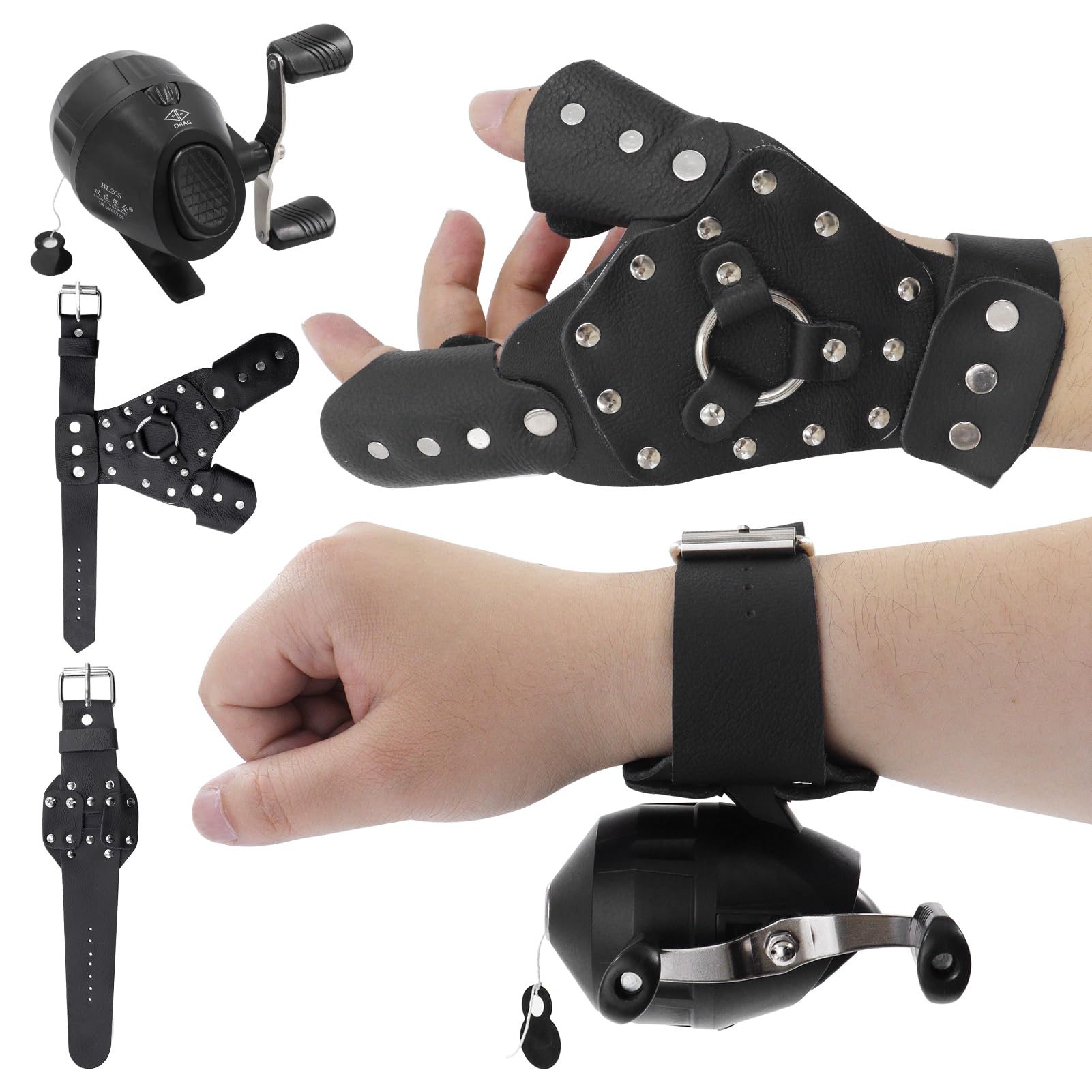 Zhuoce Fishing Reel Kit With Wristband And Hand Guard For Slingshot Fishing Darts Reel Leather Wrist Wrap For Shooting