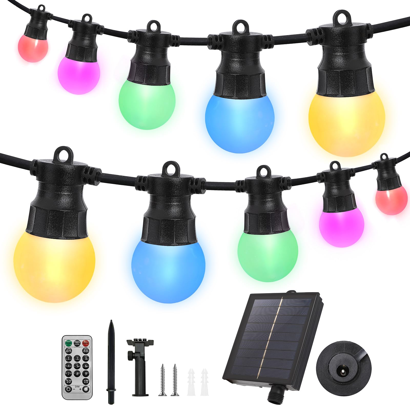 Dukvi 50Ft Solar Christmas String Lights Outdoor,15 Edison Bulbs Commercial Grade Waterproof Patio Light, Camping String Lights Hanging Shatterproof G40 Led Bulbs For Outside Backyard Party (Rgb)