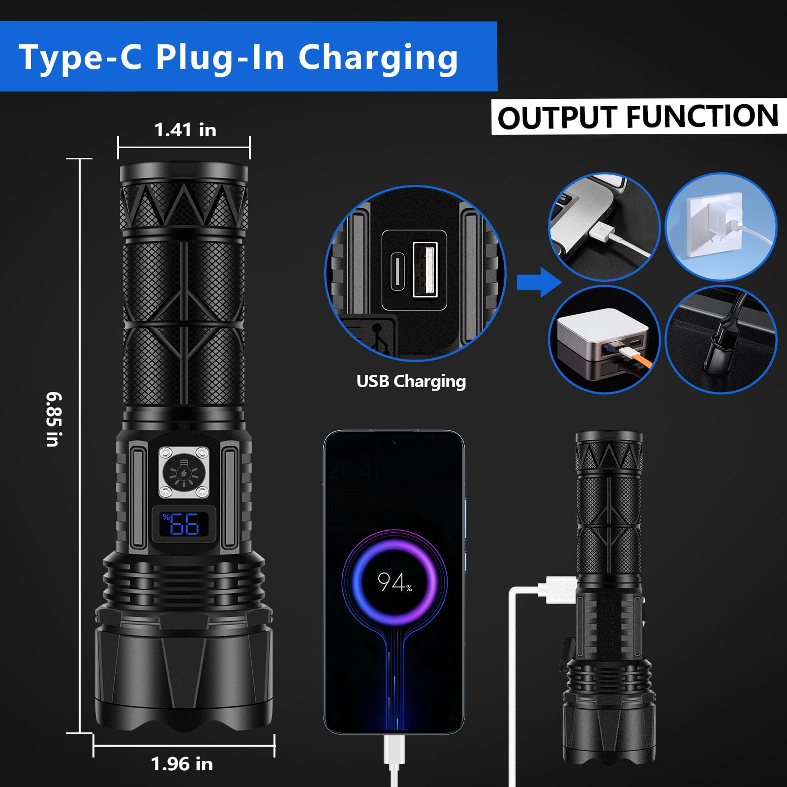 Jay-Park Rechargeable Led Flashlight 10000 Lumen, Super Bright Flashlight With Digital Power Display And Zoomble, Flashlights High Lumens Rechargeable For Camping, Outdoor