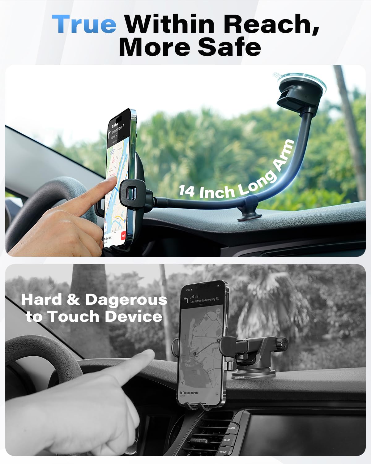 1Zero Solid Car Truck Phone Mount Holder With 14-Inch Gooseneck Long Arm, Windshield Window Mobile Holders W/Industrial-Strength Suction Cup, Anti-Shake Stabilizer Compatible All Cell Phones Iphone
