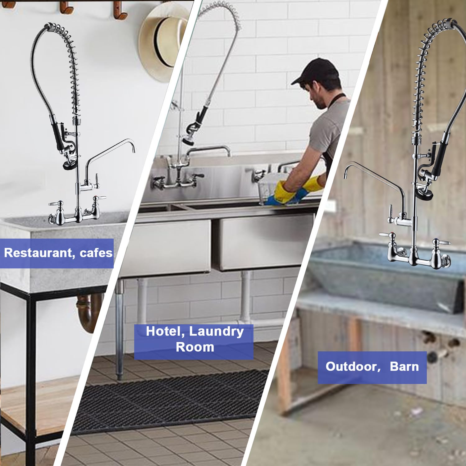 Agahpay Commercial Faucet With Sprayer Wall Mount Kitchen Faucet 8 Inch Center Commercial Sink Faucet 42" Height With Longer Strong Hose 12 Inch Stainless Steel Spout For 3 Compartment Sink Restaurant Hotel