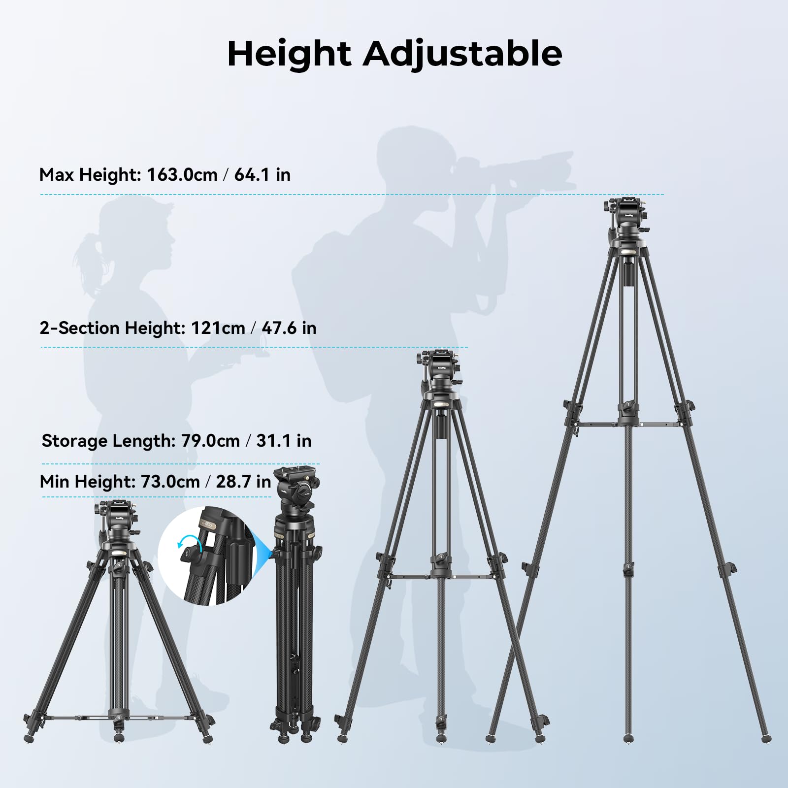 Smallrig Ad-50 Carbon Fiber Video Tripod With Step-Less Damping Fluid Head, 13.2Lbs Max Load  Compact Travel Tripod For Filmmakers  Portable Camera Tripods For Small Camcorder, Cameras