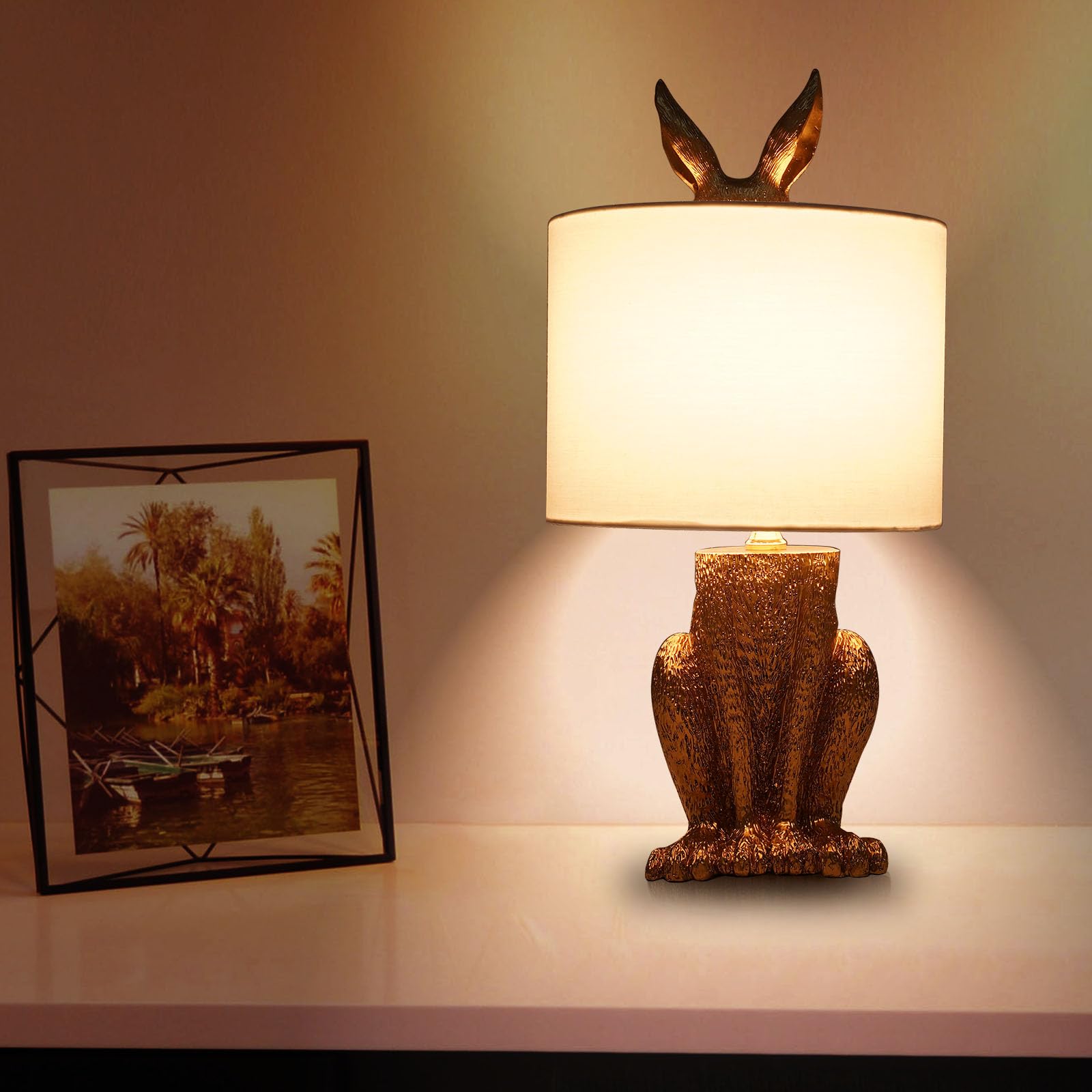 Tfcfl Modern Golden Rabbit Table Lamp, Creative Cute Bunny Desk Light For Bedroom Bedside, Office, Living, Dining & Study Room, E26 Bulb Base, 60W Max (Bulb Not Included)