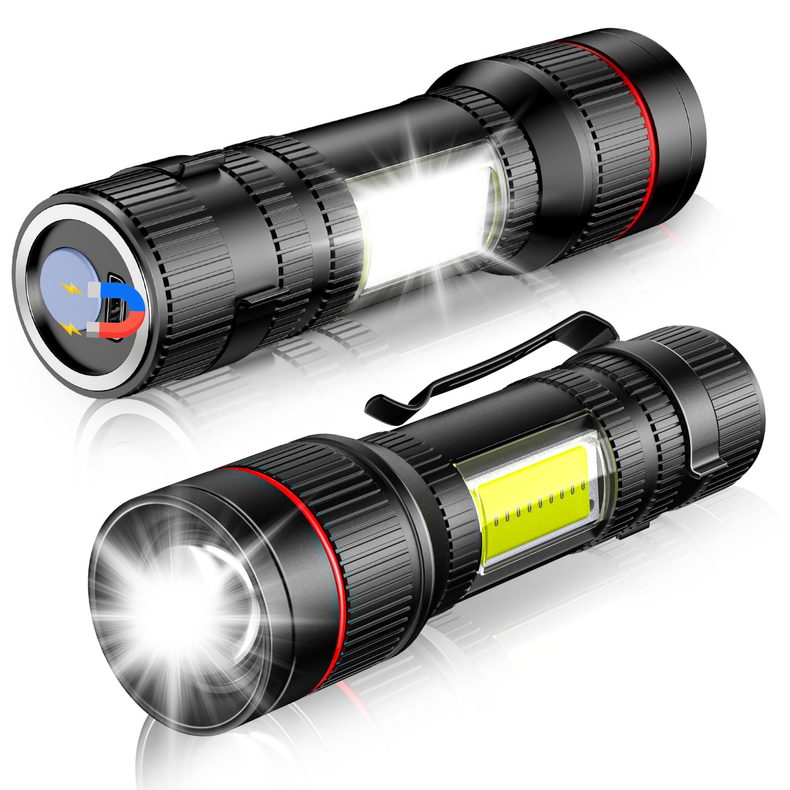 Plusinto Led Flashlight 1500 Lumens 2 Packs, Usb Rechargeable Torch Super Bright, Magnet And Clip, Cob Work Light, 3 Modes, Adjustable Focus Handheld Flashlight For Home, Dog Walking, Emergency
