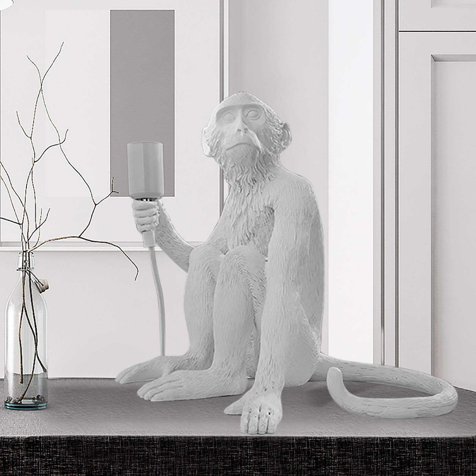 Tiardocge Modern Table Light, Resin Sitting Monkey Desk Lamp, Animal Bedside Led Light For Living Room, Bedroom, Kids Room, Office, College Dorm (White)