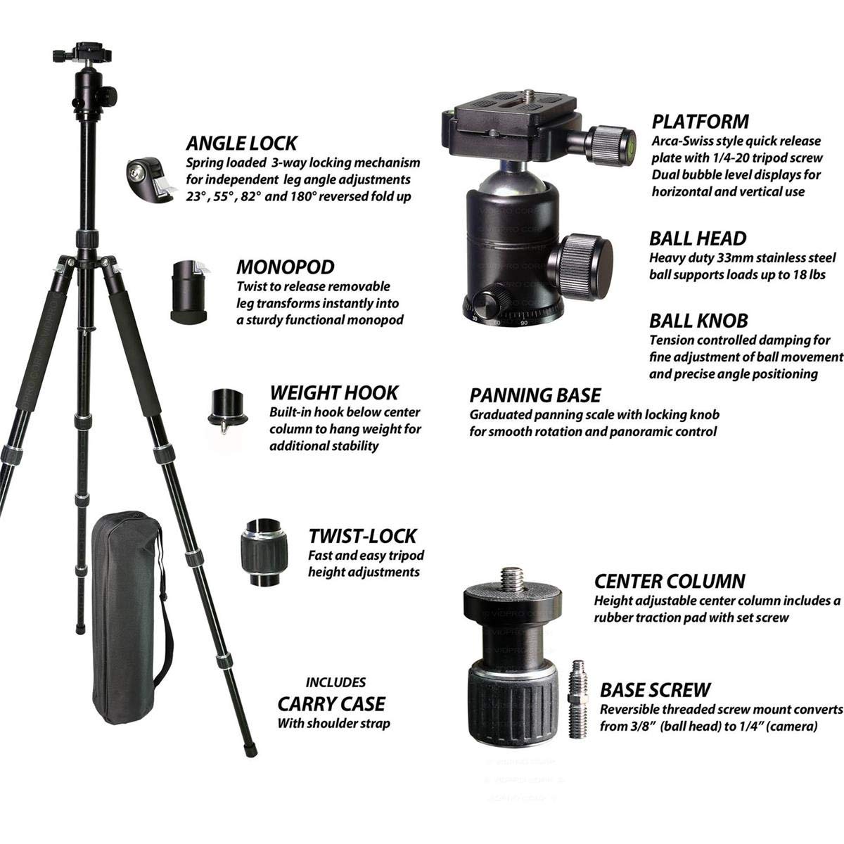 Vidpro At-72 Venturemaxx 72" Professional 4-Section Twist-Lock Aluminum Travel Tripod With Quick Release Ball Head, 20 Lbs Capacity