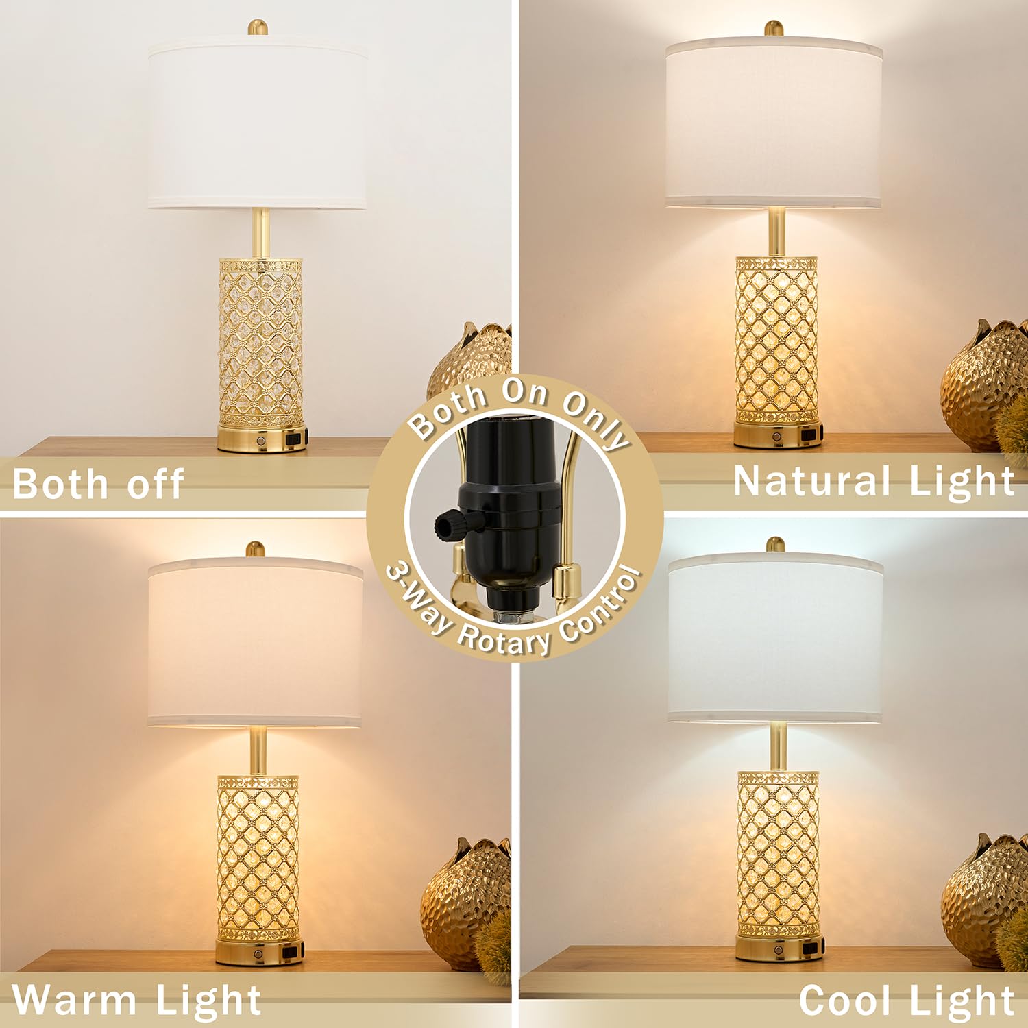 Saiweya 24" Modern Crystal Table Lamp Set Of 2-Gold Bedroom Lamps 3-Way Dimmable Touch Lamp With Night Light, 2 Usb Ports + Ac Outlet Bedside Night Stand Lamp For Living Room Office (Gold-2 Pack)