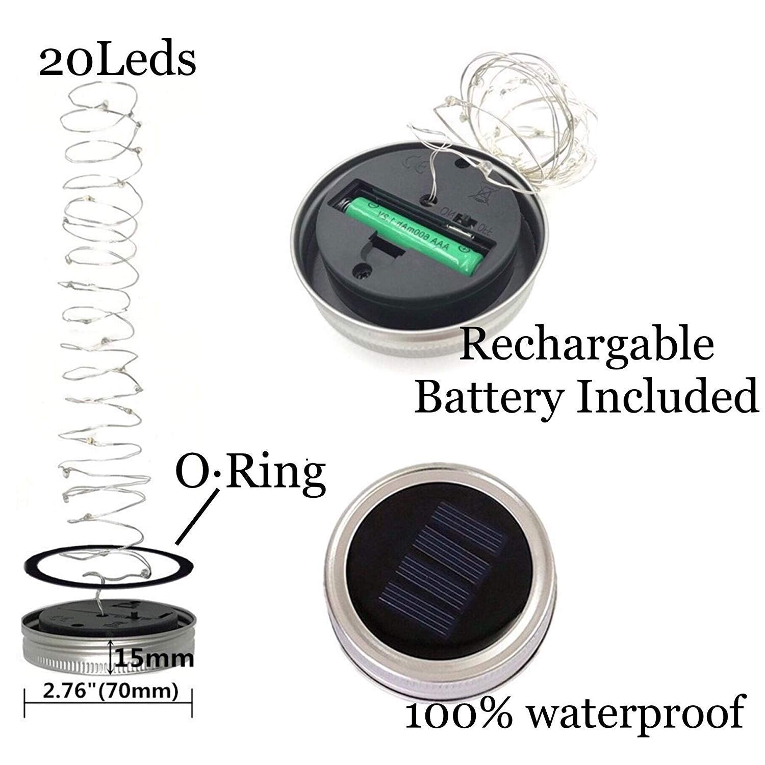 Miaro 8 Pack Mason Jar Lights, 20 Led Solar Warm White Fairy String Lights Lids Insert For Garden Deck Patio Party Wedding Multicolor