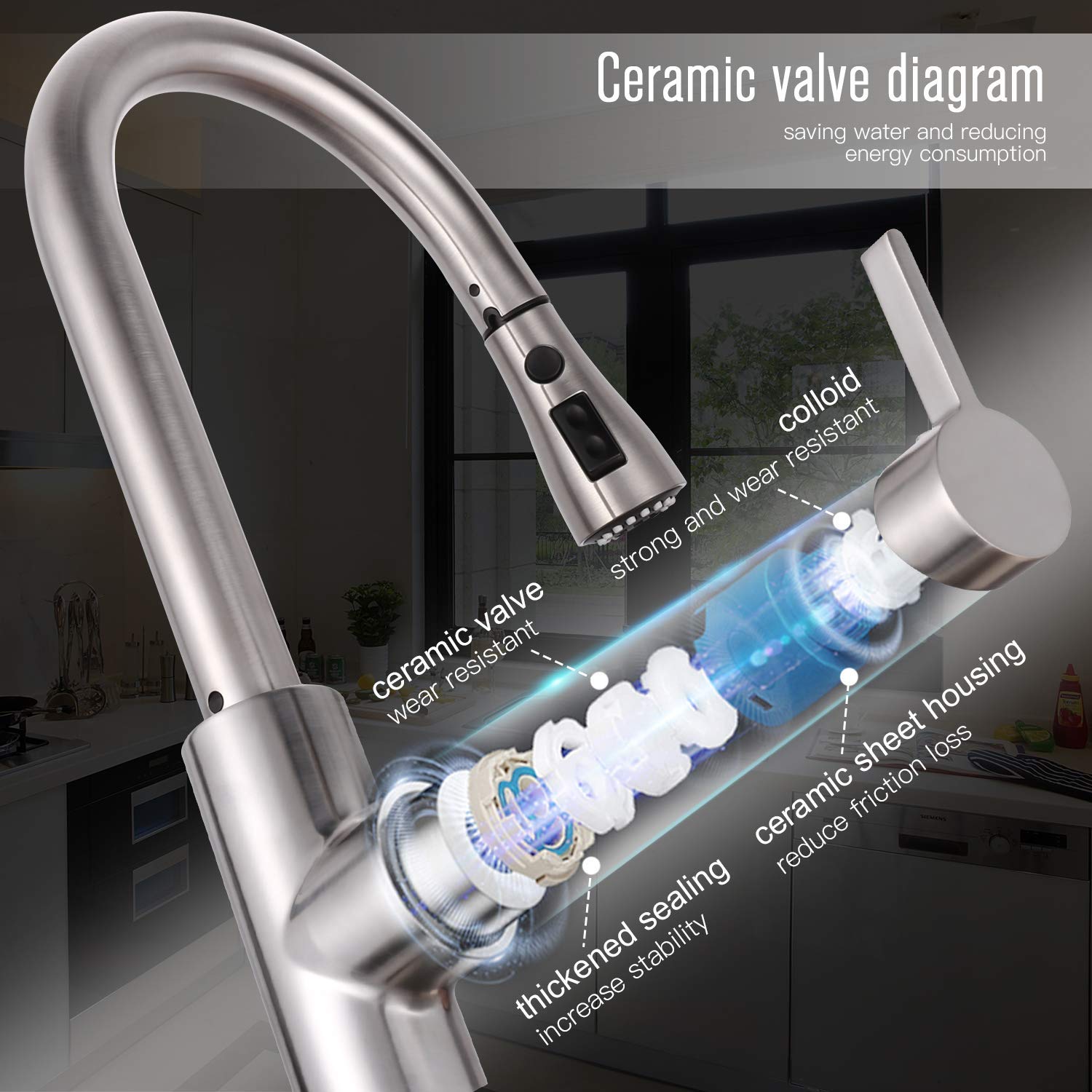 Teccpo Sink Faucet, Dalmo Single Handle High Arc Brushed Nickel Pull Down Kitchen Faucet With 3 Spray Modes, Stainless Steel Kitchen Sink Faucet With Deck Plate