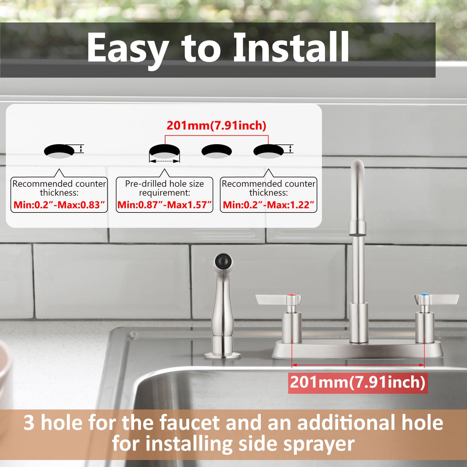 Gbbne Kitchen Faucet With Sprayer 2 Handle Kitchen Sink Faucets 8 Inch Centerset 3 Hole With Supply Lines Brushed Nickel