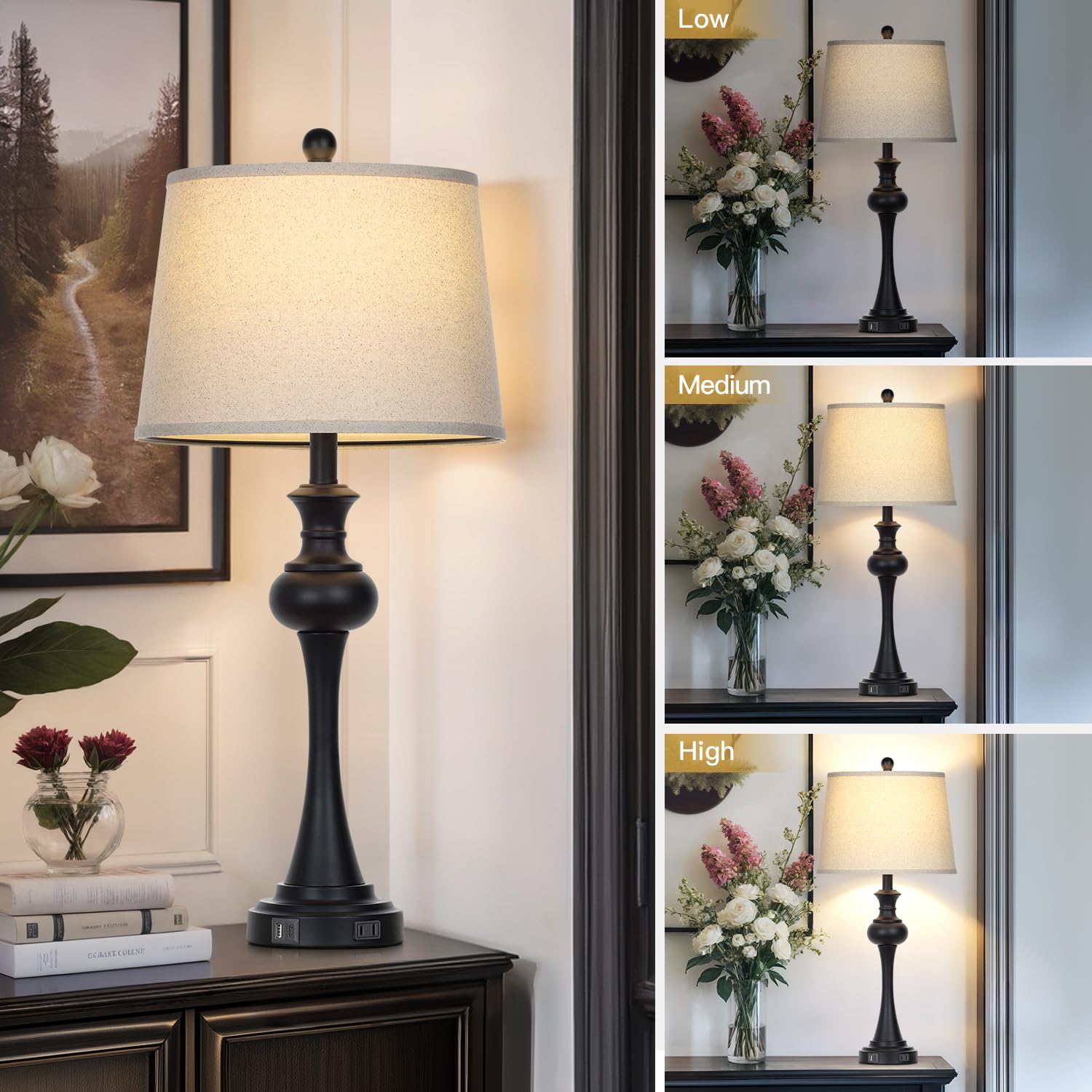 Cinyirong 28.75" Black Modern Table Lamps For Living Room, Bedside Lamp With Usb A+C Ports & Ac Outlets, 3 Way Dimmable Touch Lamps For Living Room,Nightstand Lamp Led Bulb Included (1Pack