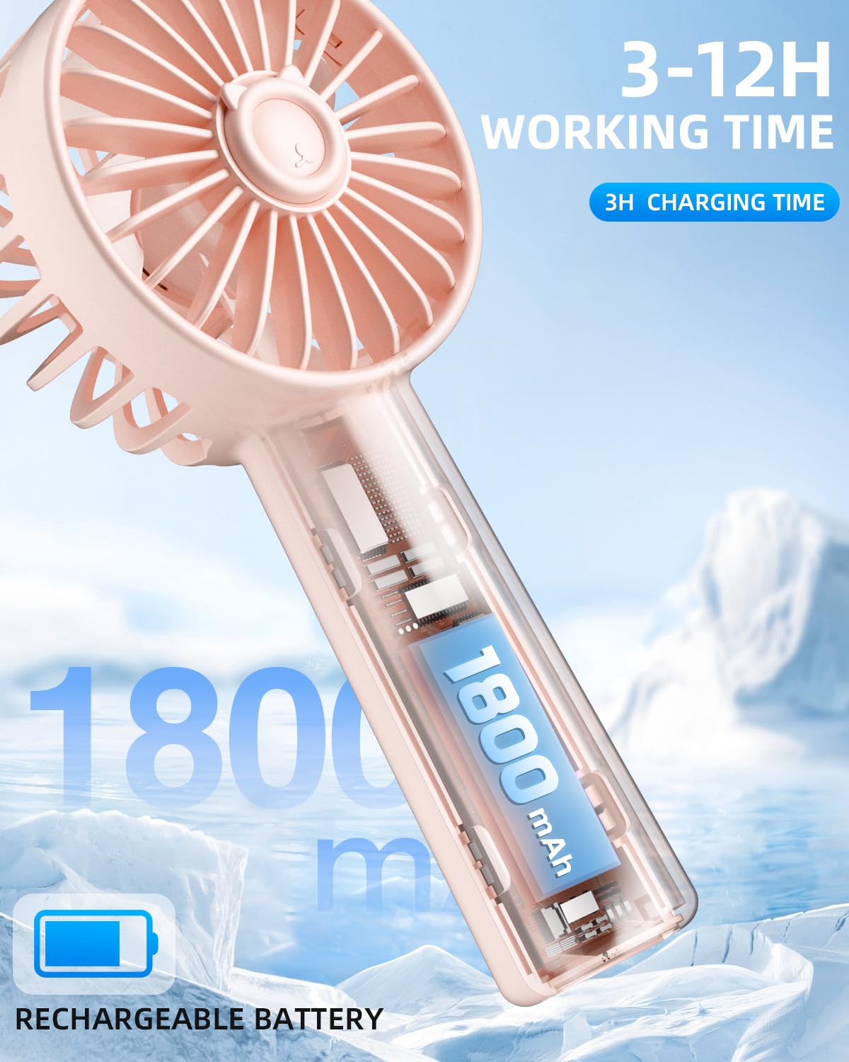 Handheld Fan, Portable Mini Fan 3 Speeds, 1800Mah Personal Small Hand Fans Battery Operated