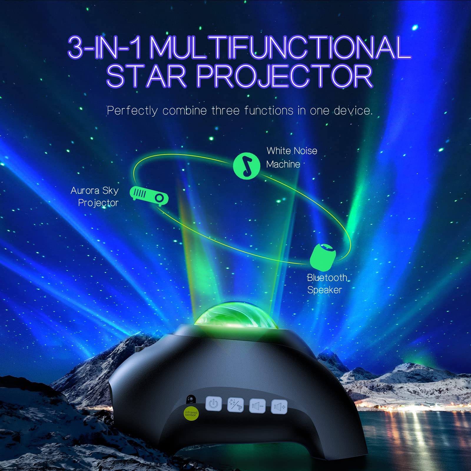 Hodans Northern Galaxy Light Aurora Projector With 33 Light Effects, Night Lights Led Star Projector For Bedroom Nebula Lamp, Remote Control, White Noises, Bluetooth Speaker For Parties