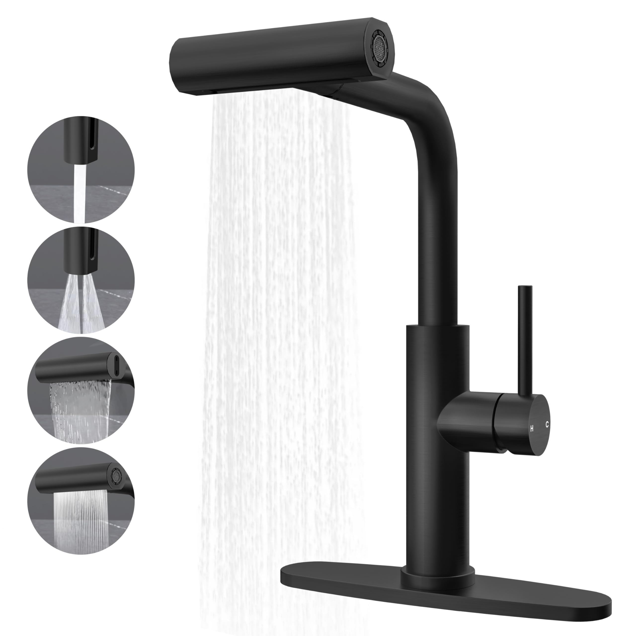 Fropo Black Kitchen Faucets With Pull Down Sprayer,High Arc Waterfall Kitchen Faucet, 4 In 1 Stainless Steel Single Lever Handle Kitchen Faucets With 4 Modes, Commercial Utility Kitchen Sink Faucet