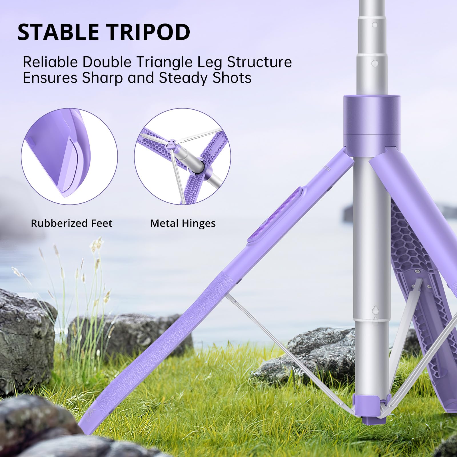Atumtek 60" Selfie Stick Tripod, All-In-One Extendable Phone Tripod With Bluetooth Remote, Storage Bag Included, For Iphone And Android Phone Selfie, Video Recording, Vlogging, Live Streaming, Purple