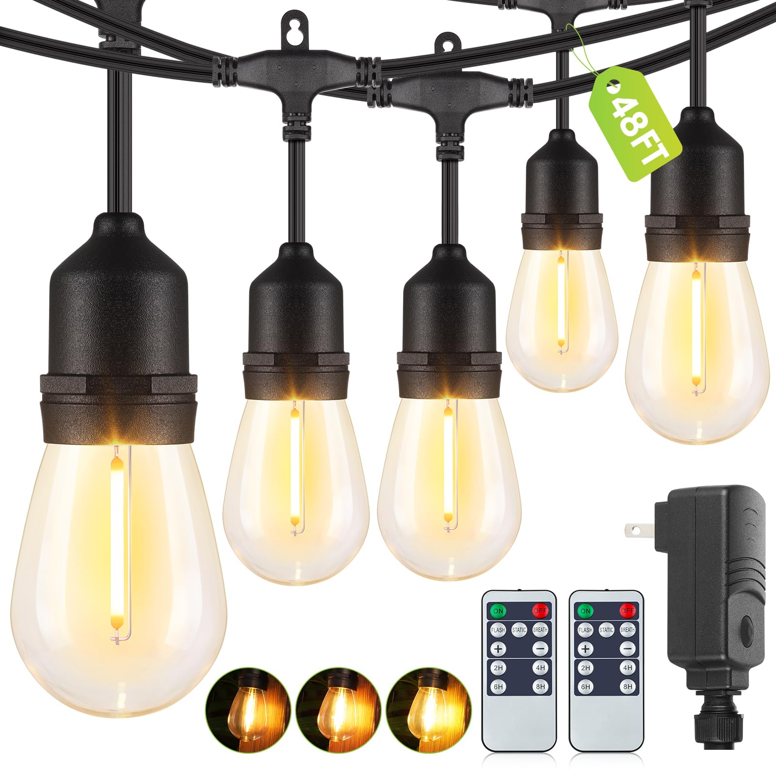 Larkvue 48Ft Outdoor String Lights With Remote, Dimmable Patio Lights With 15+2 Led Waterproof Shatterproof Bulbs 3 Modes 4 Timers For Backyard, Black