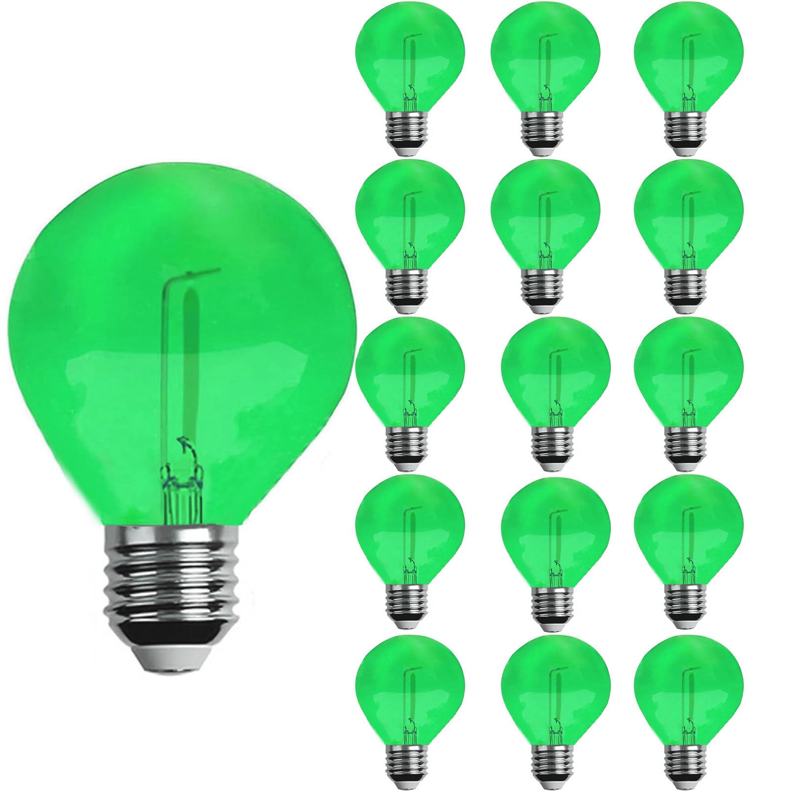 Juzizjmefod 15 Pack G40 Plastic Led Replacement Light Bulbs 1W Shatterproof Green Color Filament Globe Bulbs E12 Candelabra Base Christmas Round Replacement Bulbs For Outdoor Indoor Patio String Lights(Green)