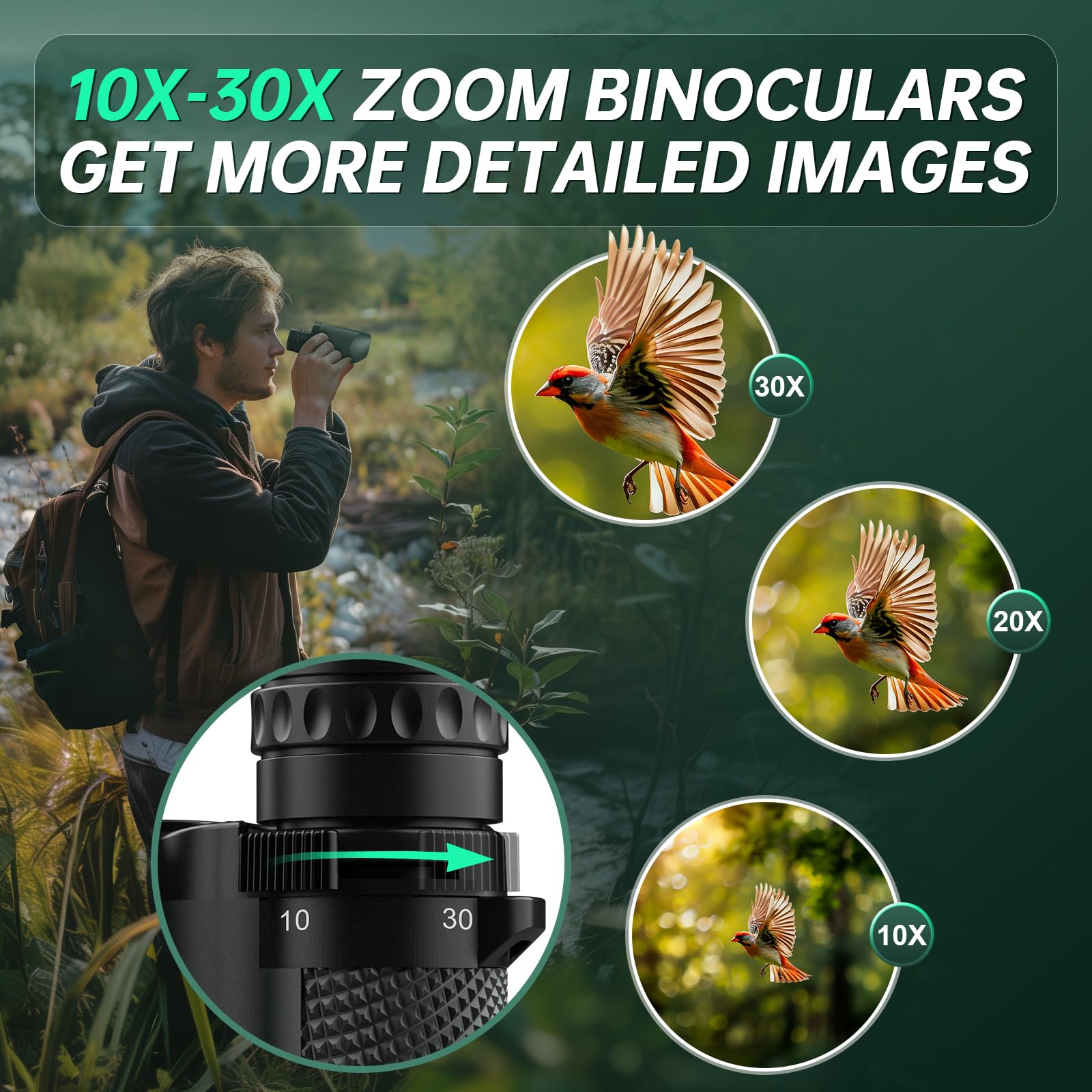 Wozel 10-30X25 Compact Binoculars For Adults Kids - High Powered For Bird Watching Hunting Hiking Travel - Zoom Binoculars With Large & Bright Field Of View, Green