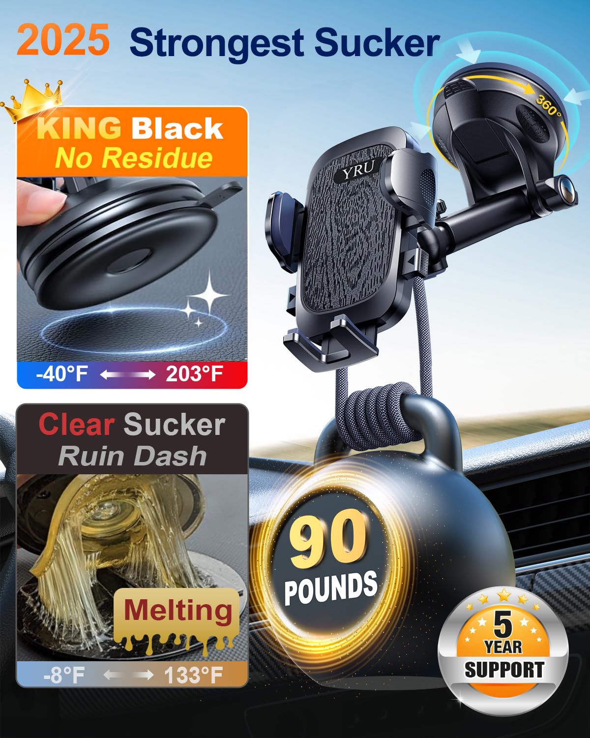 Yru 【 Military-Grade】Phone Holders For Your Car【 90+Lbs Strongest Suction & Clip】Cell Phone Mount Dashboard Windshield Vent Truck Automobile Cradle For Iphone 16 Pro Max 15 14 13 Android,Black