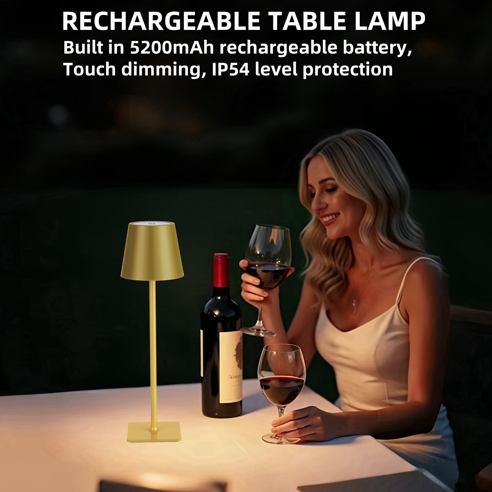 Madckdedrt 2 Pack Cordless Table Lamp Rechargeable,Wireless Led Bottle Light,5200Mah Battery Operated,Portable,Touch Dimming,For Restaurant/Bedroom/Outdoor/Terrace/Night Light (Gold)
