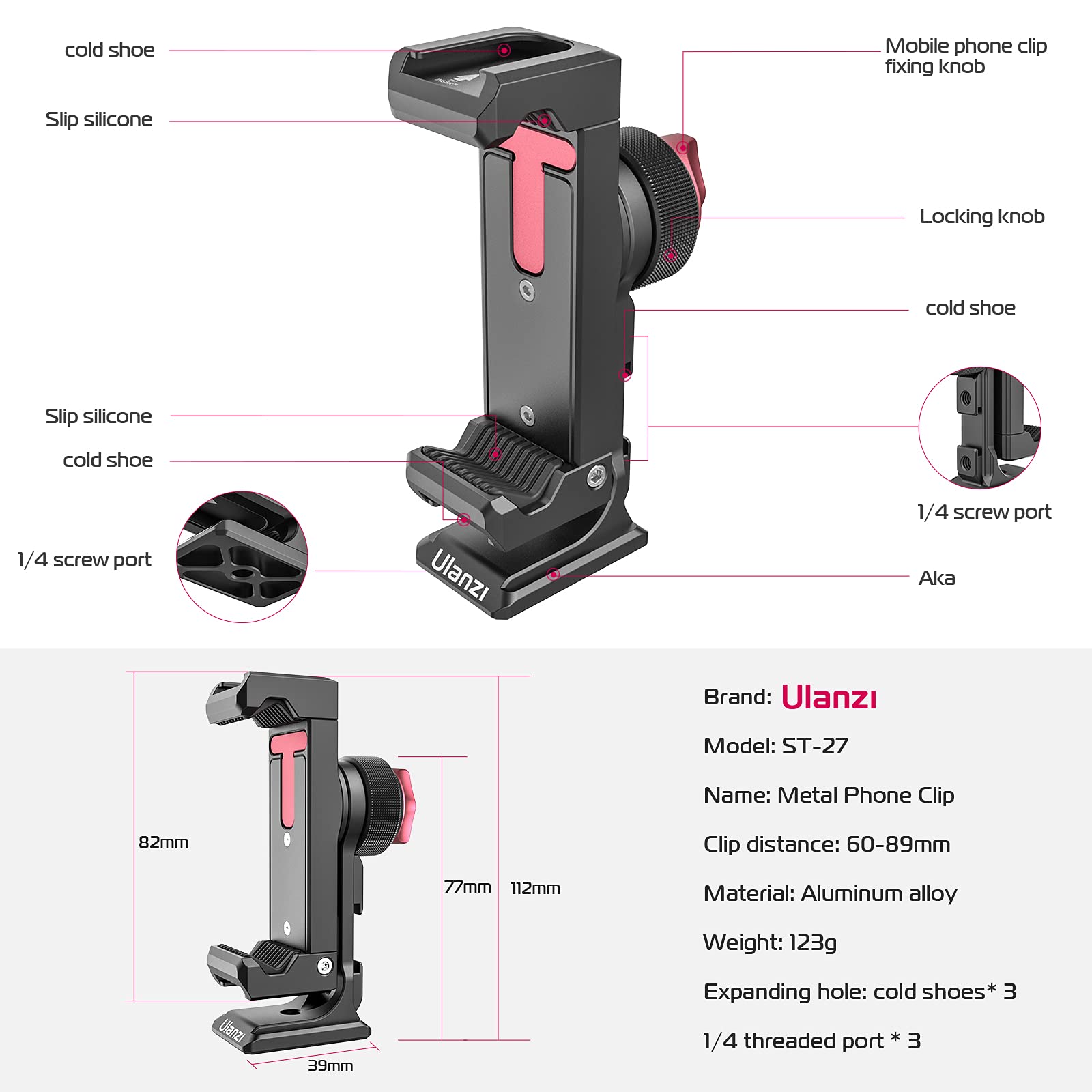 Pictron Metal Phone Tripod Mount 3 Cold Shoes & Arca Port, 360° Smartphone Tripod Adapter For Iphone Samsung Cell Phone Stand Holder For Desktop Tripod Video Live Streaming Vlogging Rig