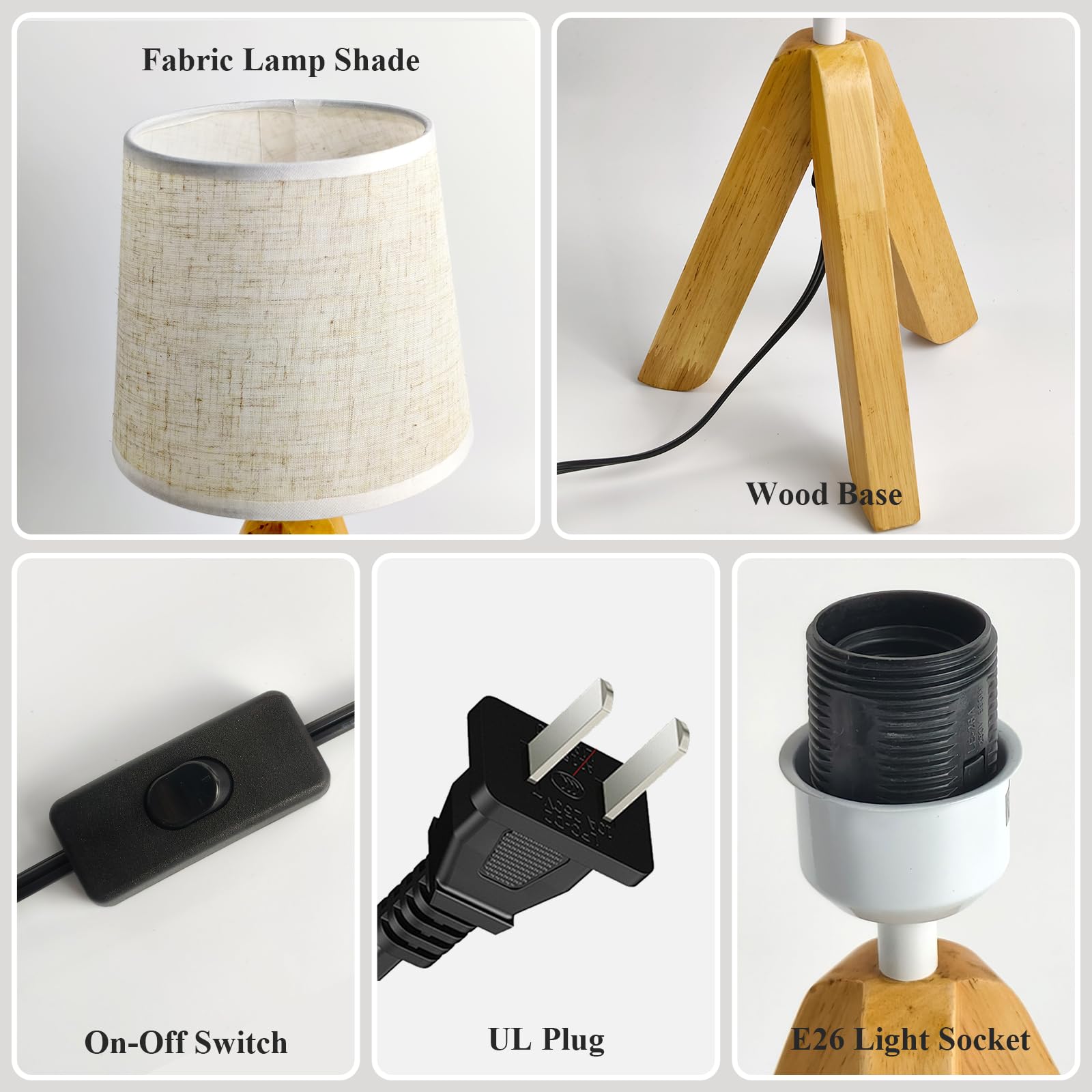 Cmhsytke Tripod Table Lamp, Wooden Base Small Lamp, Small Bedside Lamp With Fabric Lampshade, E26 Socket Nightstand Lamp For Nursery, Bedroom, Kid Room, Living Room, Office Decor