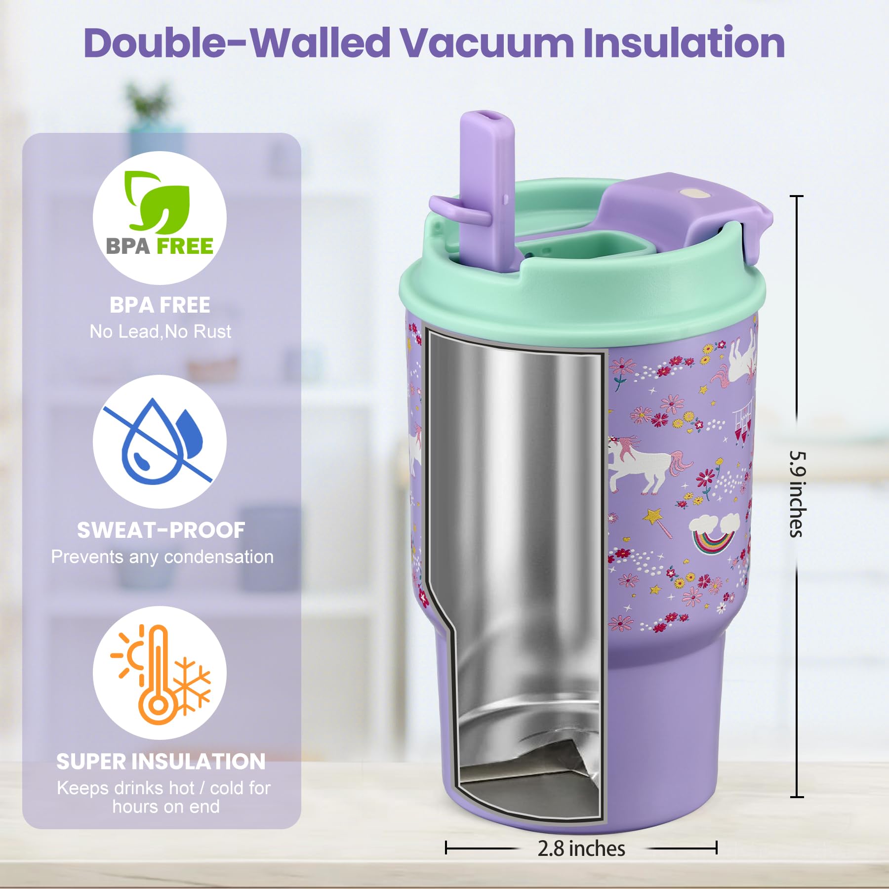 13.5Oz Kids Insulated Tumbler With Straw,2 Pack Kids Insulated Water Bottle Stainless Steel Double