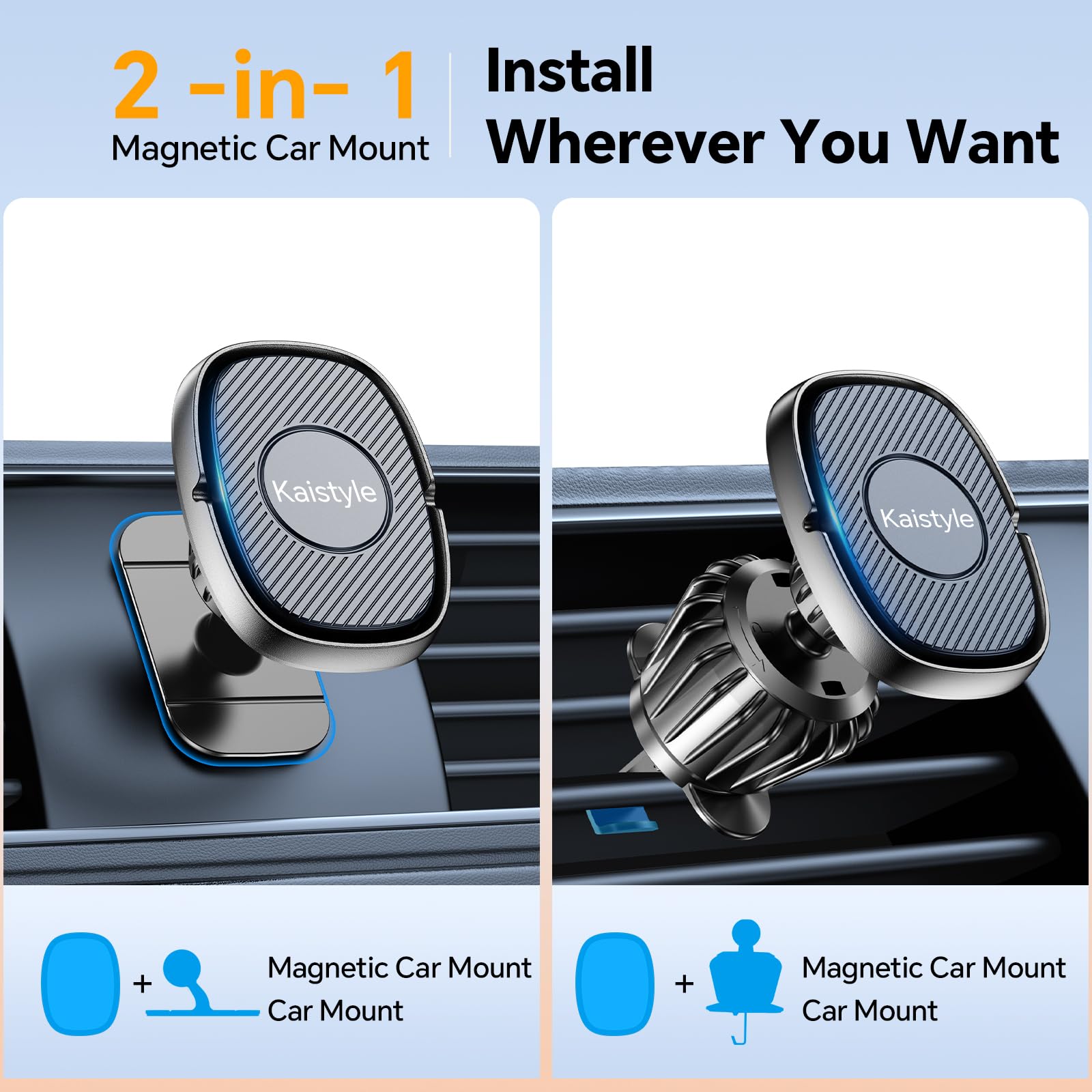 Kaistyle Magnetic Phone Holder For Car【Super Magnets】 Iphone Magnetic Car Mount For Cell Phone【Dash+Vent】 Dash Mounted Holders For Your Car Magnetic Phone Mount Holder For All Smartphones & Tablet