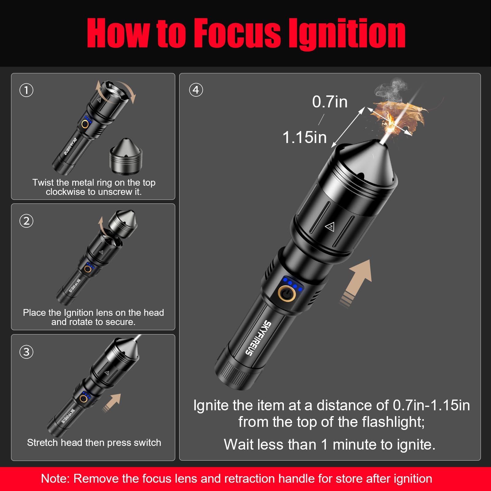 Skyfire Flashlights High Lumens With Ignition Lens,10000Lm Rechargeable Flashlights,Led Flashlight,Outdoor Super Bright Flashlight Handheld Flashlights For Emergency,Camping,Searching,Home,Black