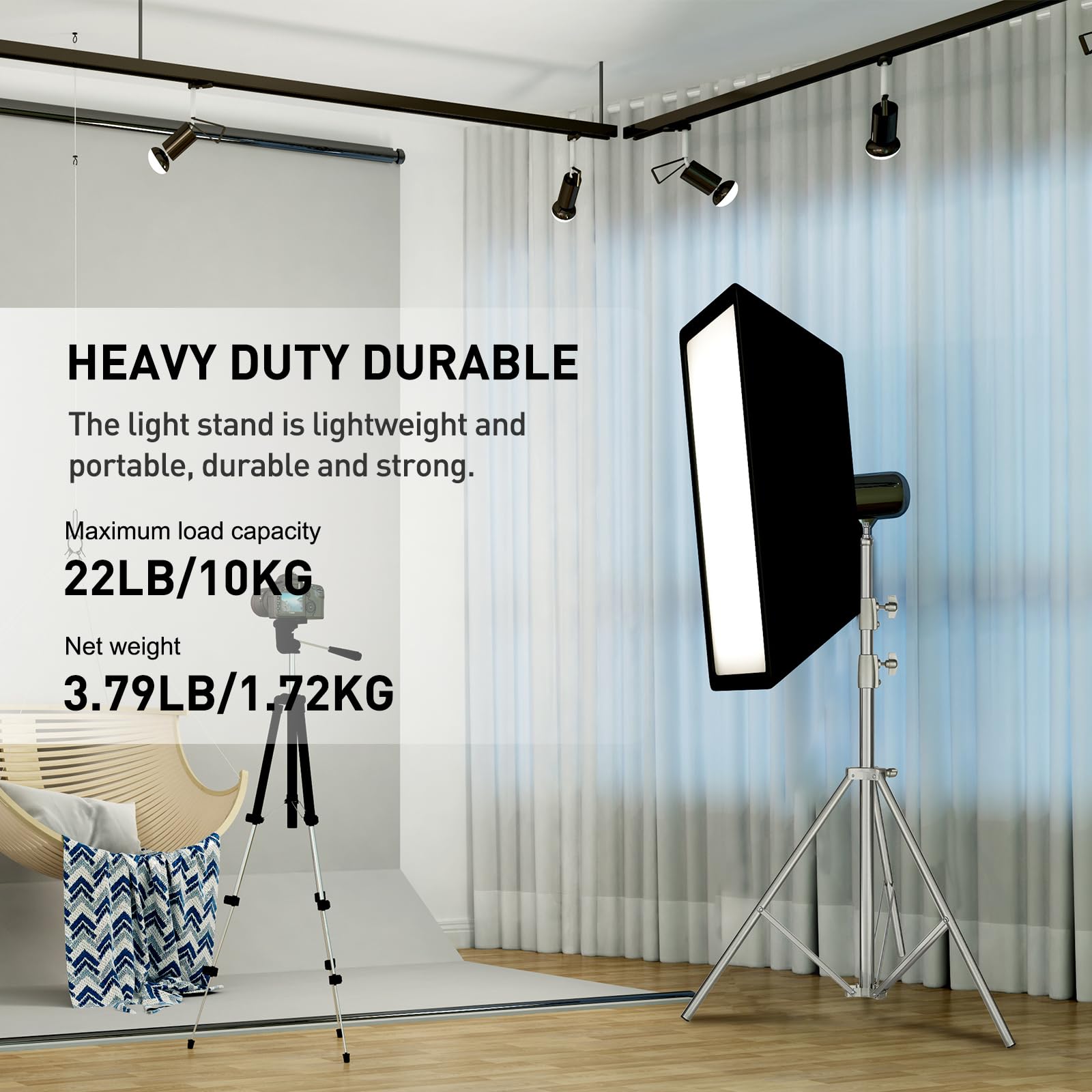 Lapgood Light Stand Photography Stainless Steel - 6.7Ft/2M Light Tripod Stand With 1/4”Screw Adapter,Max Load Bearing 22Lbs/10Kg For Ring Light,Led Video Light,Strobe Light,Speedlight,Softbox,Camera