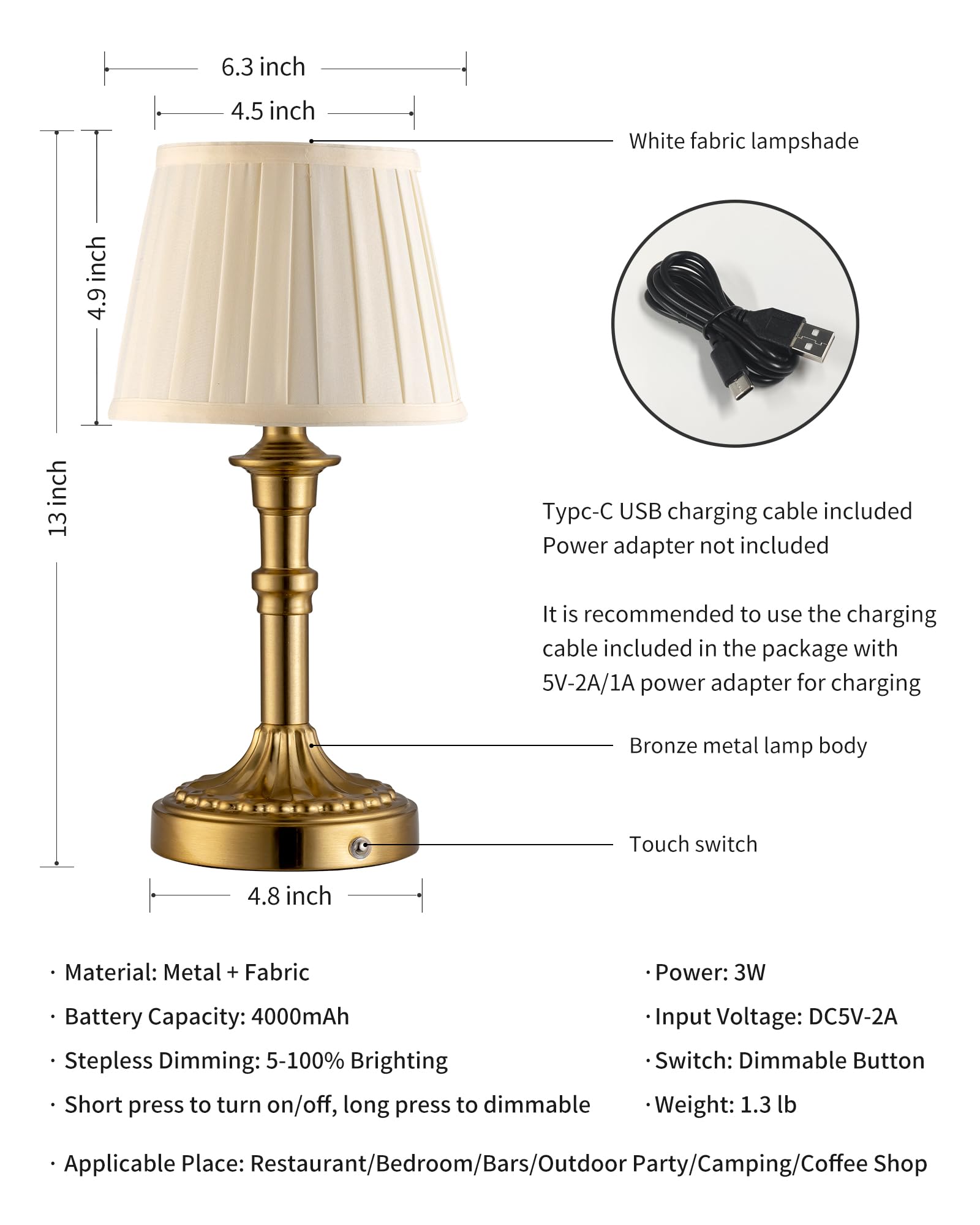 Kdg Cordless Portables Table Lamp, Led Fabric Shade Small Desk Lamps, 4000Mah Battery Powered Lighting, 2700K Stepless Dimmable Light For Living Room, Dining Room, Bedroom, Bedside (Bronze)