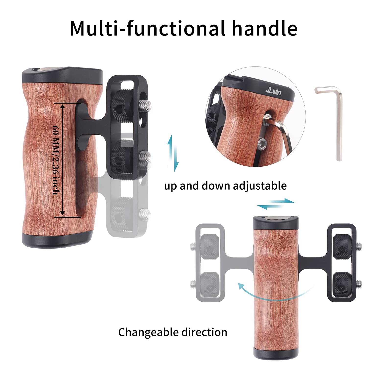 Foeasy Foto4Easy Universal Camera Wooden Side Handle,Adjustable Up And Down Side Handle Grip With 1/4"-20 Screw Hole And Cold Shoe Mount For Dslr Camera Cage And Camnera Accessories