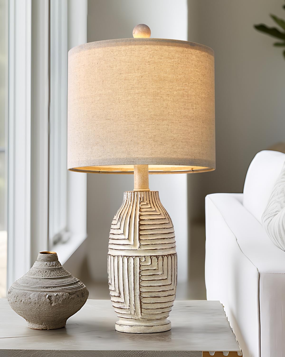 G-Safava 20.25" Farmhouse Single Resin Lamp For Bedroom Living Room Retro Rustic Vintage Small Boho Lamps Bedside Nightstand Light Home Office Desk Deco (White)