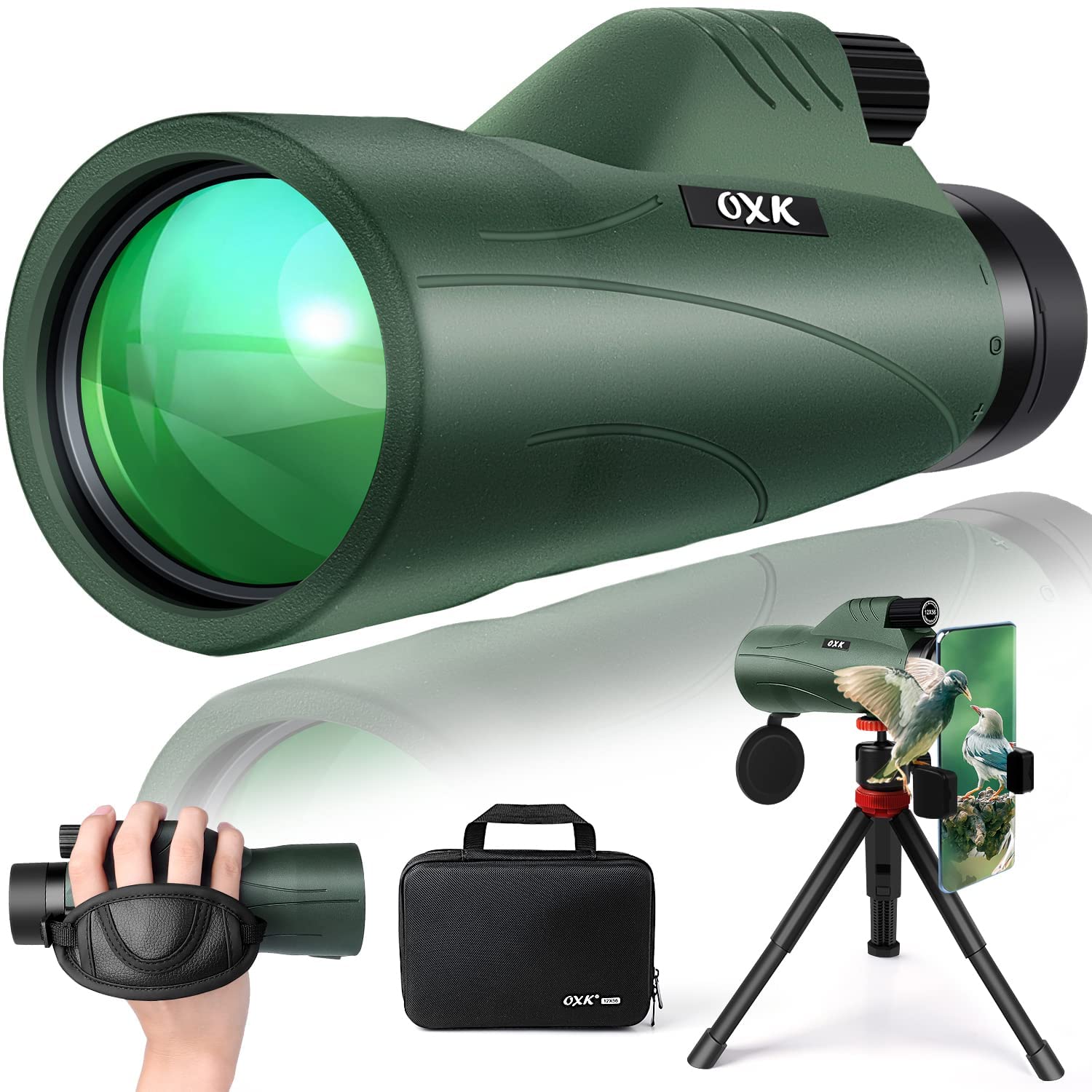 Oxk Optics 12X56 High Power Monocular Telescope With Smartphone Adapter Tripod Travel Bag, Larger Vision Monoculars For Adults With Bak4 Prism & Fmc Lens, Suitable For Bird Watching Hunting Hiking Camping
