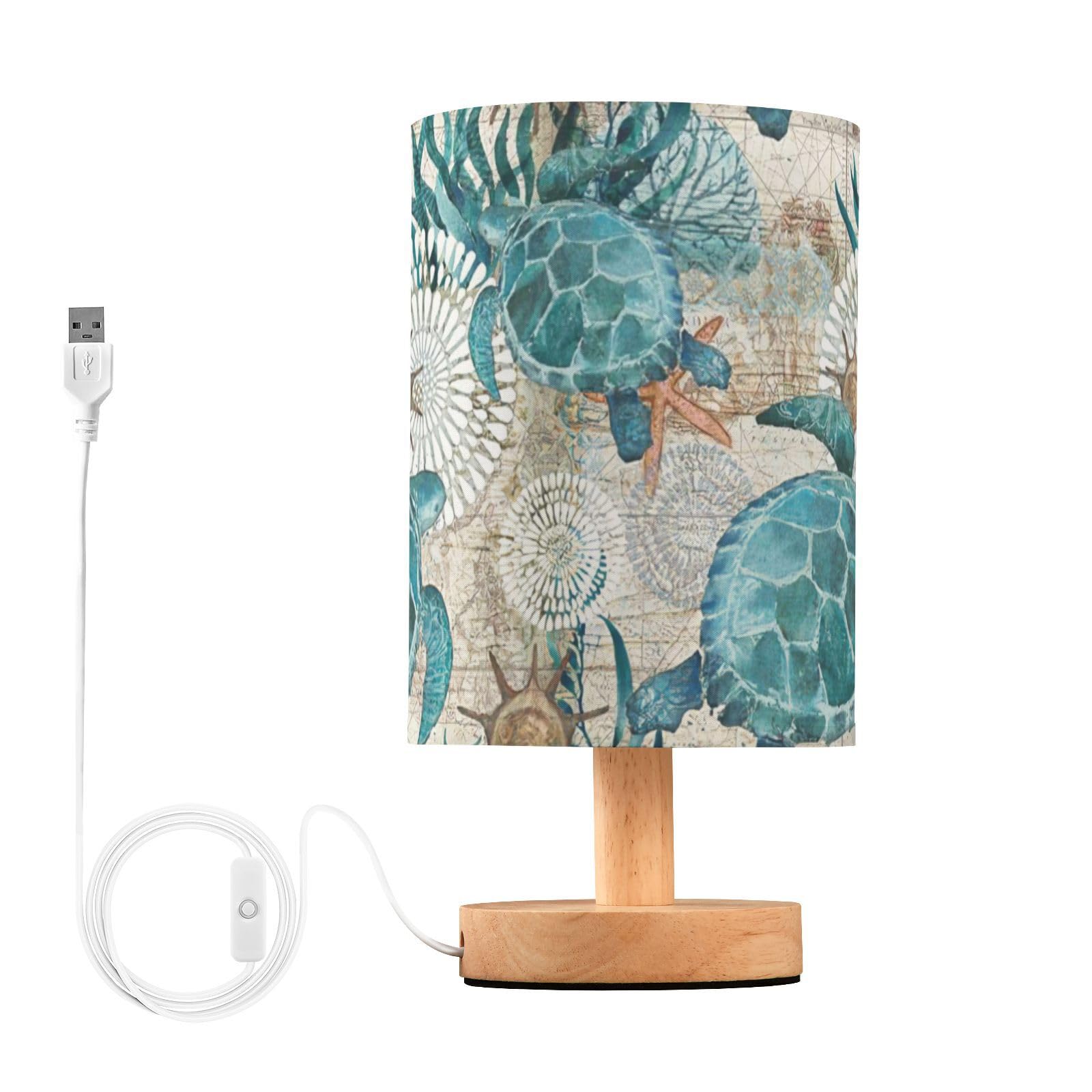 Litebear Small Table Lamp For Bedroom - Bedside Lamps For Nightstand, Sea Ocean Turtle Teal Round Fabric Shade, Desk Reading Lamp For Kids Room Living Room Office Dorm