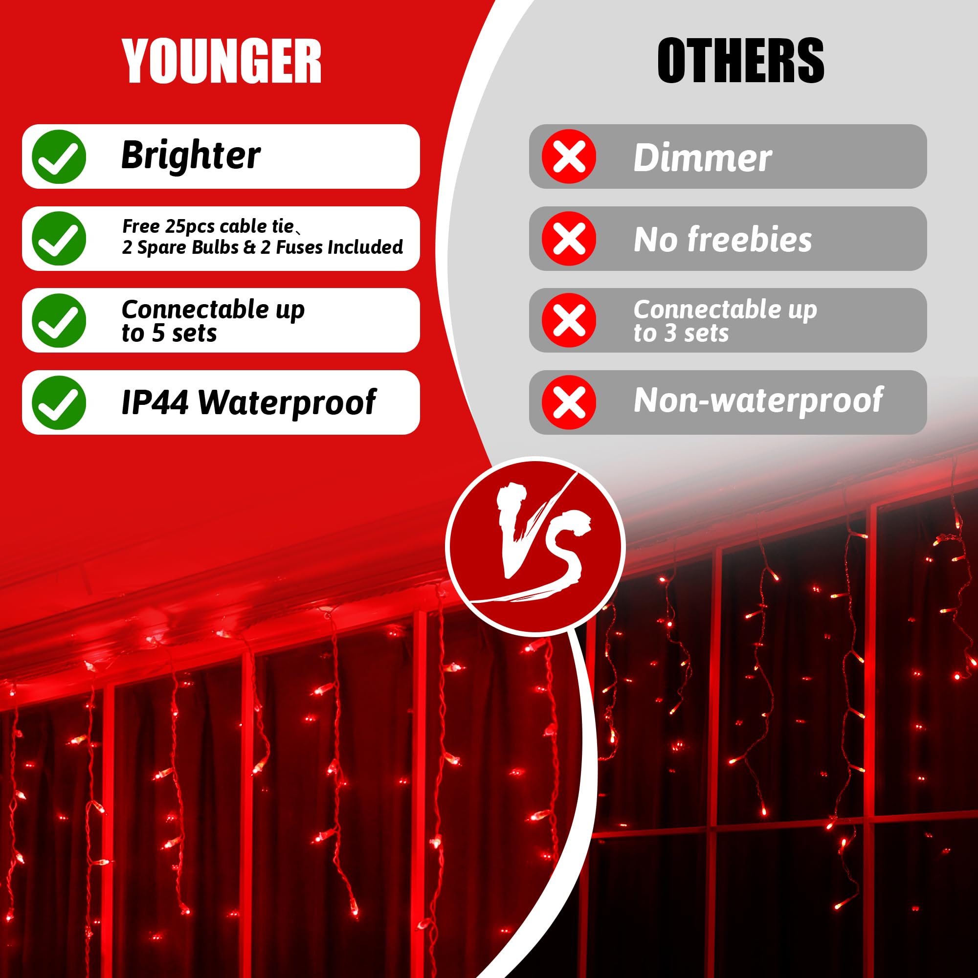 Oopswow Youngar 23Ft 200 Icicle Christmas Lights, Waterproof Connectable Twinkle Fairy Lights For Indoor Outdoor Fireplace Wedding Decorations (Red)