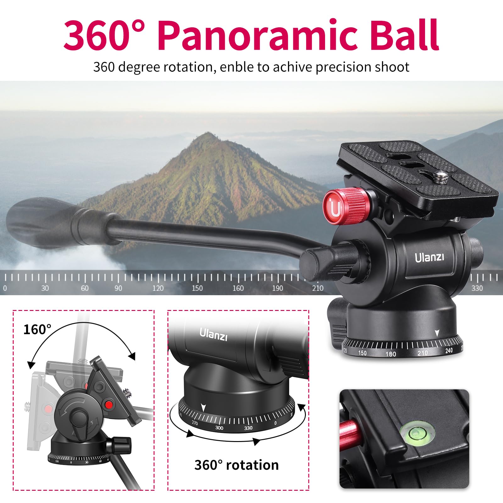 Ulanzi U210 Tripod Fluid Head, Mini Pan Tilt Head W Handle,Built-In 1/4'' & 3/8'' Adapter, Panoramic Ball Head W Arca Swiss Quick Release Plate Lightweight For Compact Camera Load Up To 11.02 Lb/5Kg