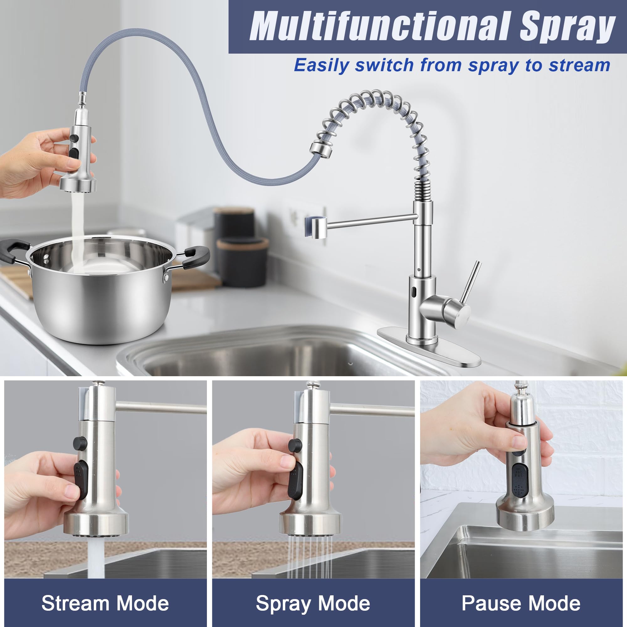 Homikit Touchless Kitchen Faucet With Soap Dispenser, Brushed Nickel Stainless Steel Smart Automatic Motion Sensor Spring Kitchen Sink Faucets With Pull Down Sprayer For Vanity Laundry Rv