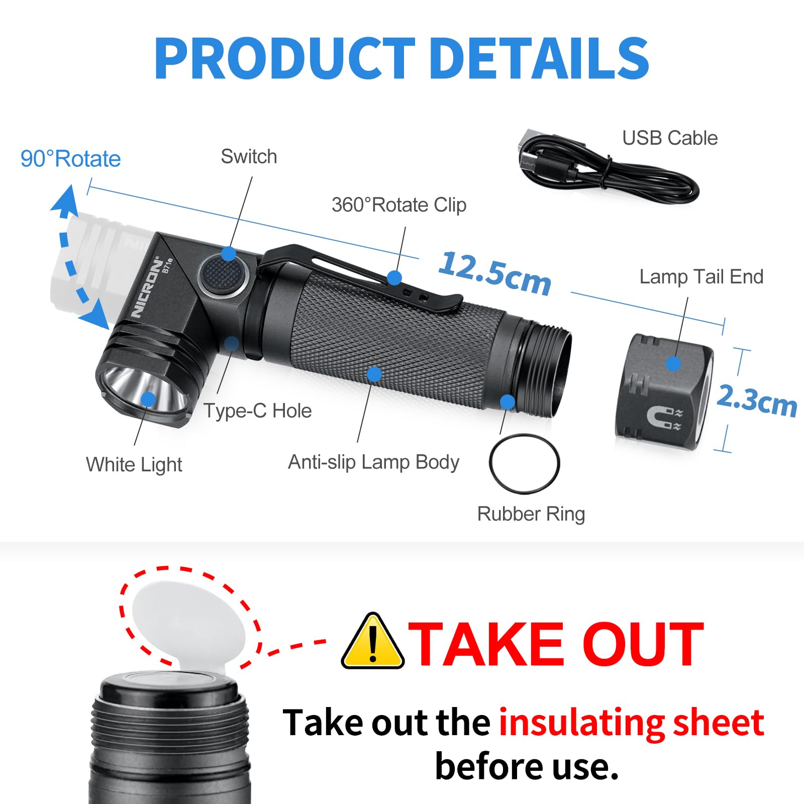 Cosmoing 1300 Lumens Rechargeable Magnetic Flashlight, 6 Modes Led 90 Degree Flashlight Twist Ip65 Waterproof High Bright Edc Pocket Torch, Tactical Flashlight For Camping, Emergency, Repair, Outdoor