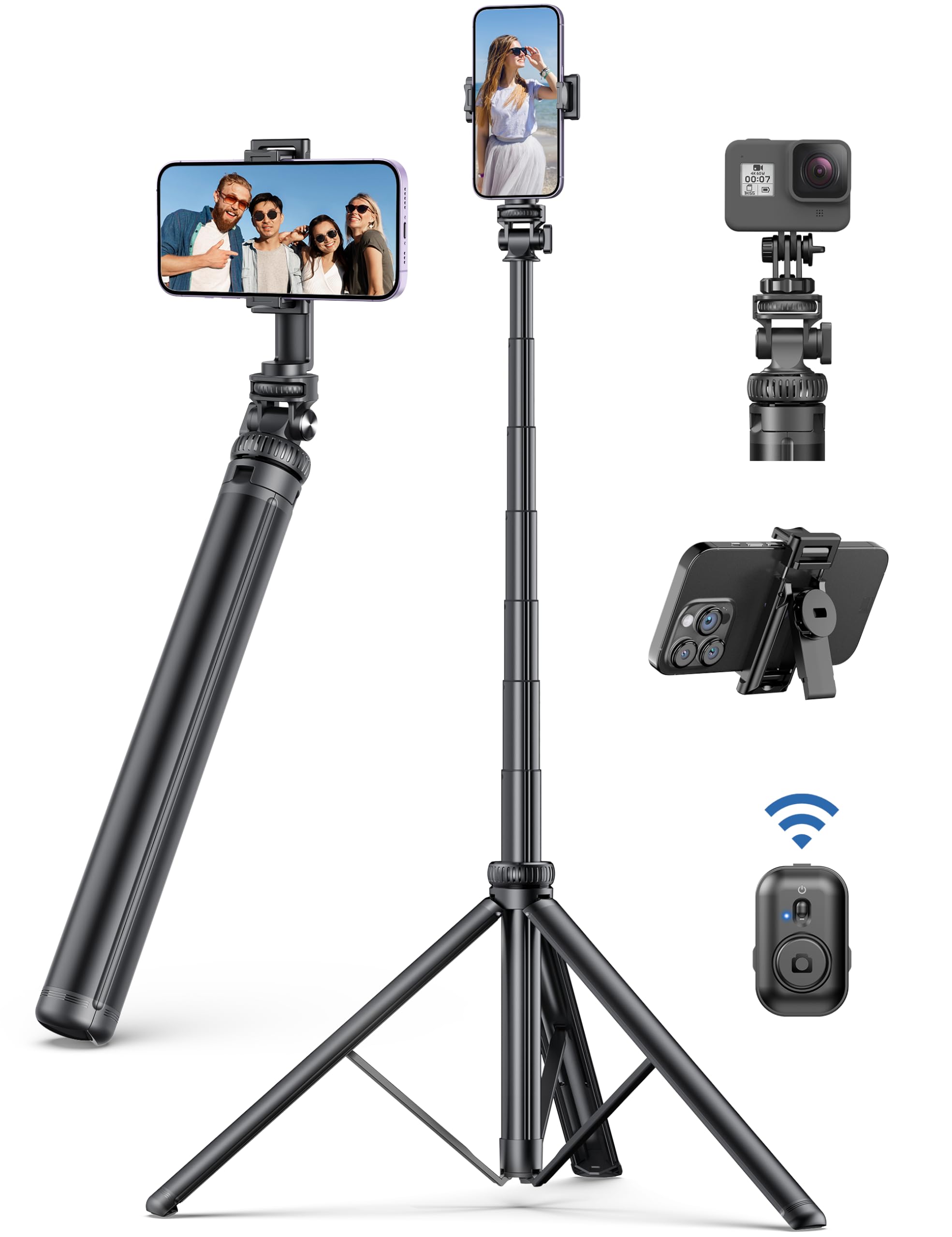 Selfieshow 75" Phone Tripod, Selfie Stick Tripod With Remote And Phone Holder, Extendable Tripod For Iphone, Aluminum Cell Phone Tripod Stand 360° Rotation Travel Tripod Compatible With Iphone Android, Gopro