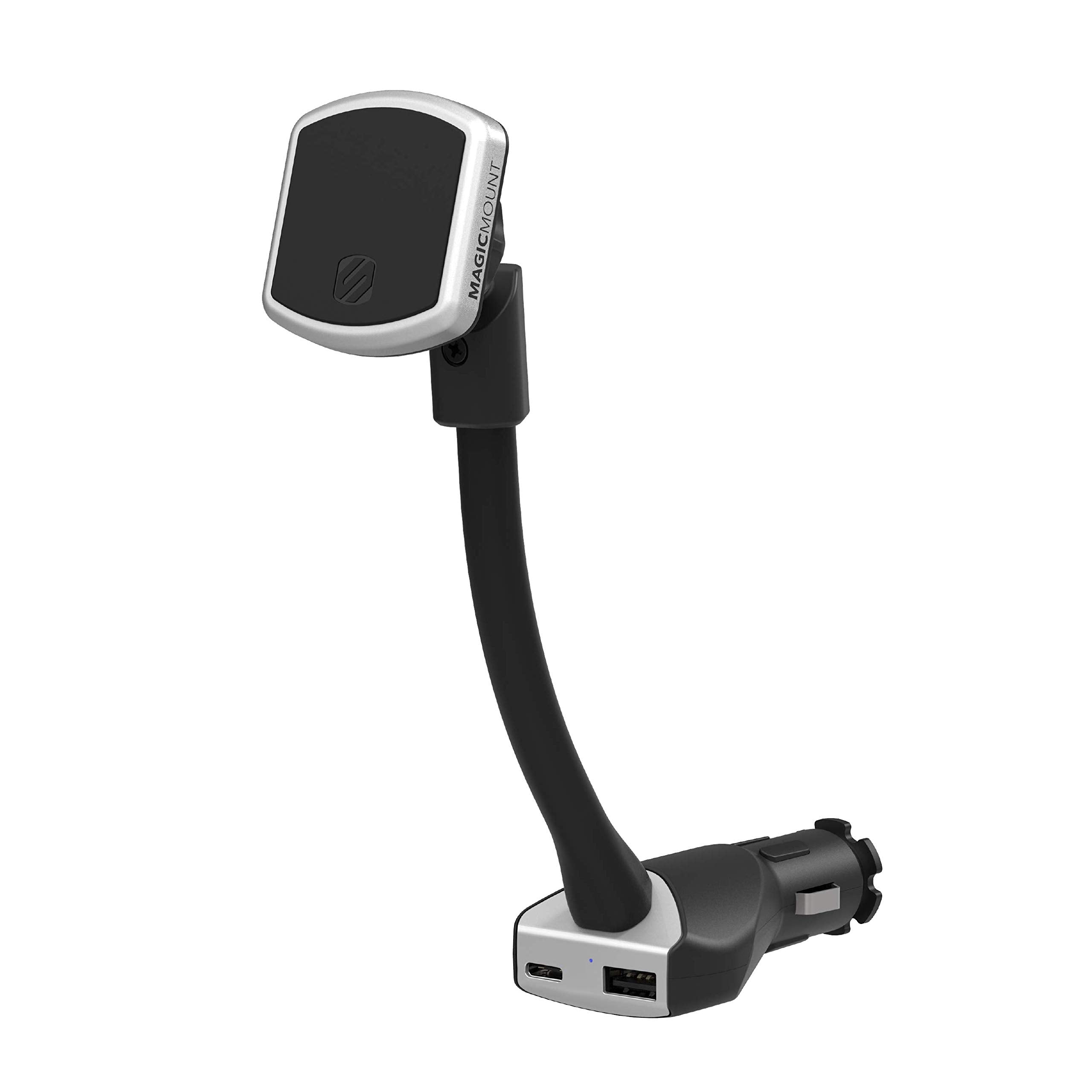 Scosche Mp12Vpd2-Xtsp Magicmount Pro Magnetic Phone/Gps Car Mount 30W Dual Port Type-C + Type-A Cell Phone Charger, Cigarette Lighter Adapter Holder, Compatible With Apple Iphone & More, Black/Silver